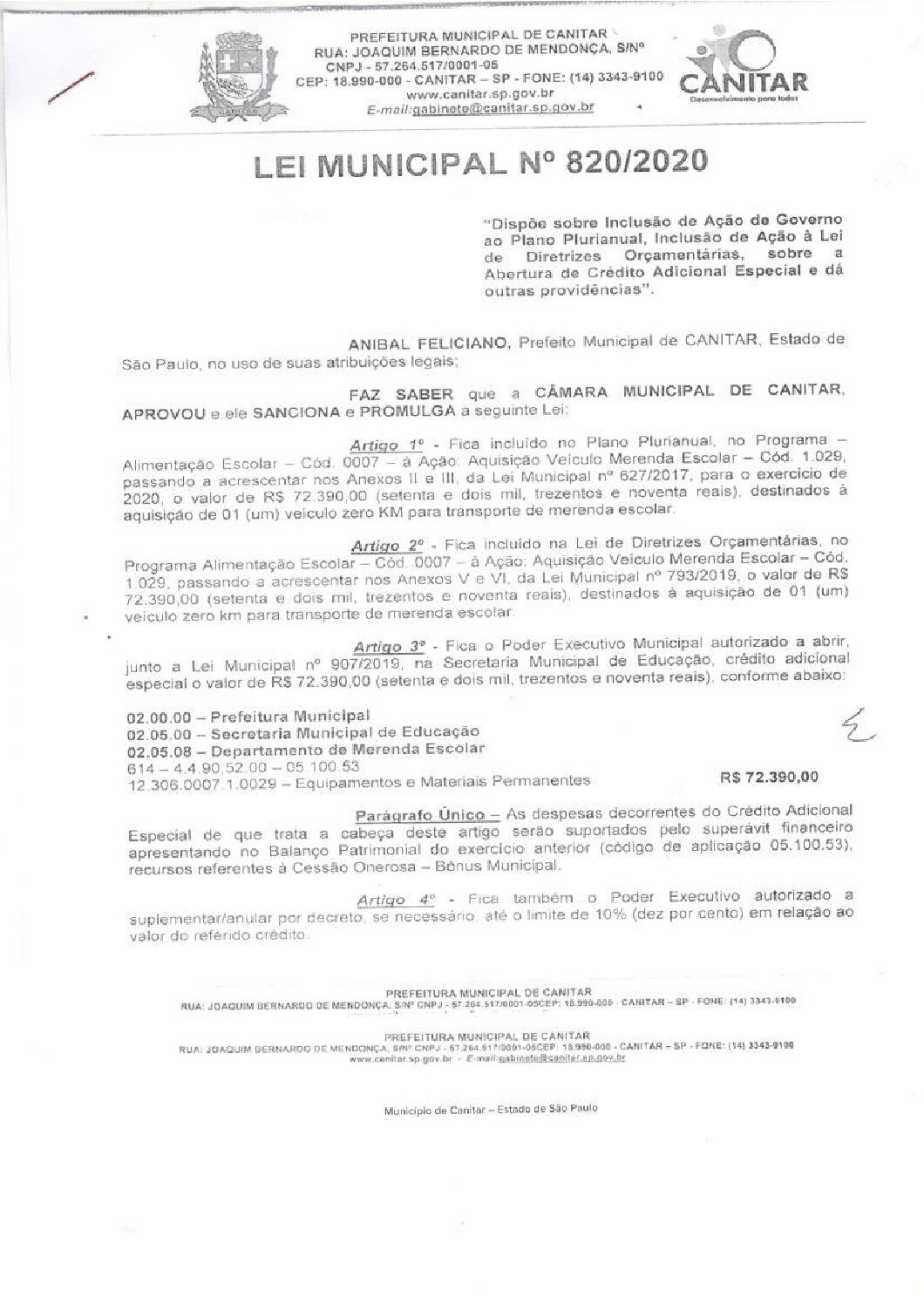 Leia mais sobre o artigo Lei Municipal nº 820 2020   Dispõe sobre abertura de crédito, aquisição de 01 (um) veículo zero Km para transporte de merenda escolar.