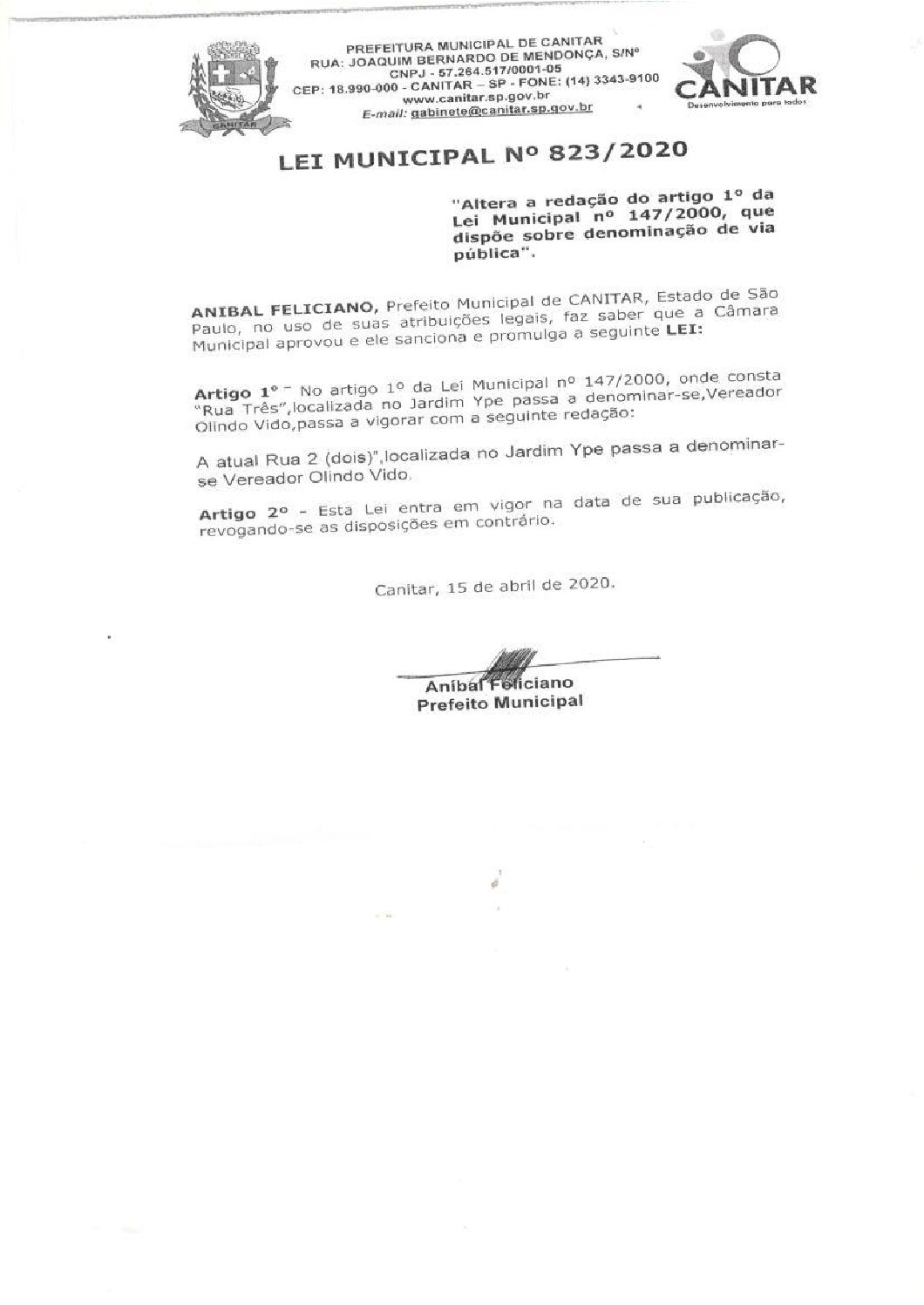 Leia mais sobre o artigo Lei Municipal nº 823 2020   Altera a redação do artigo 1º da Lei Municipal nº 147 2000.