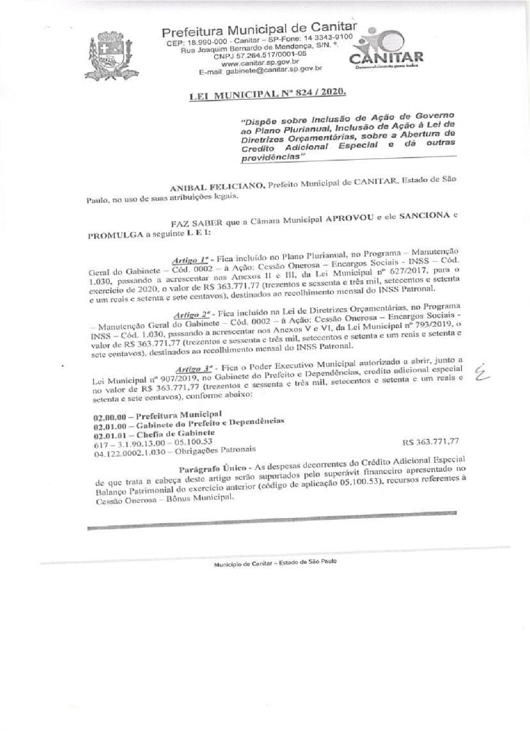 Leia mais sobre o artigo Lei Municipal nº 824 2020   Dispõe sobre abertura de crédito, destinados ao recolhimento mensal do INSS Patronal.