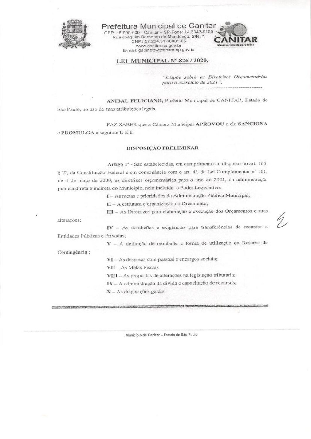 Leia mais sobre o artigo Lei Municipal nº 826 2020   Dispõe sobre as Diretrizes Orçamentárias para o exercício de 2021.