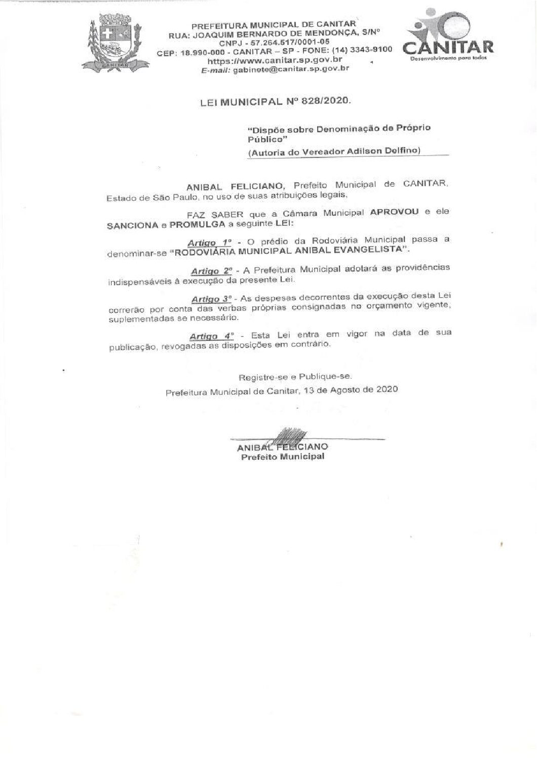 Leia mais sobre o artigo Lei Municipal nº 828 2020   Dispõe sobre denominação de Próprio Público   Rodoviária Municipal Anibal Evangelista.