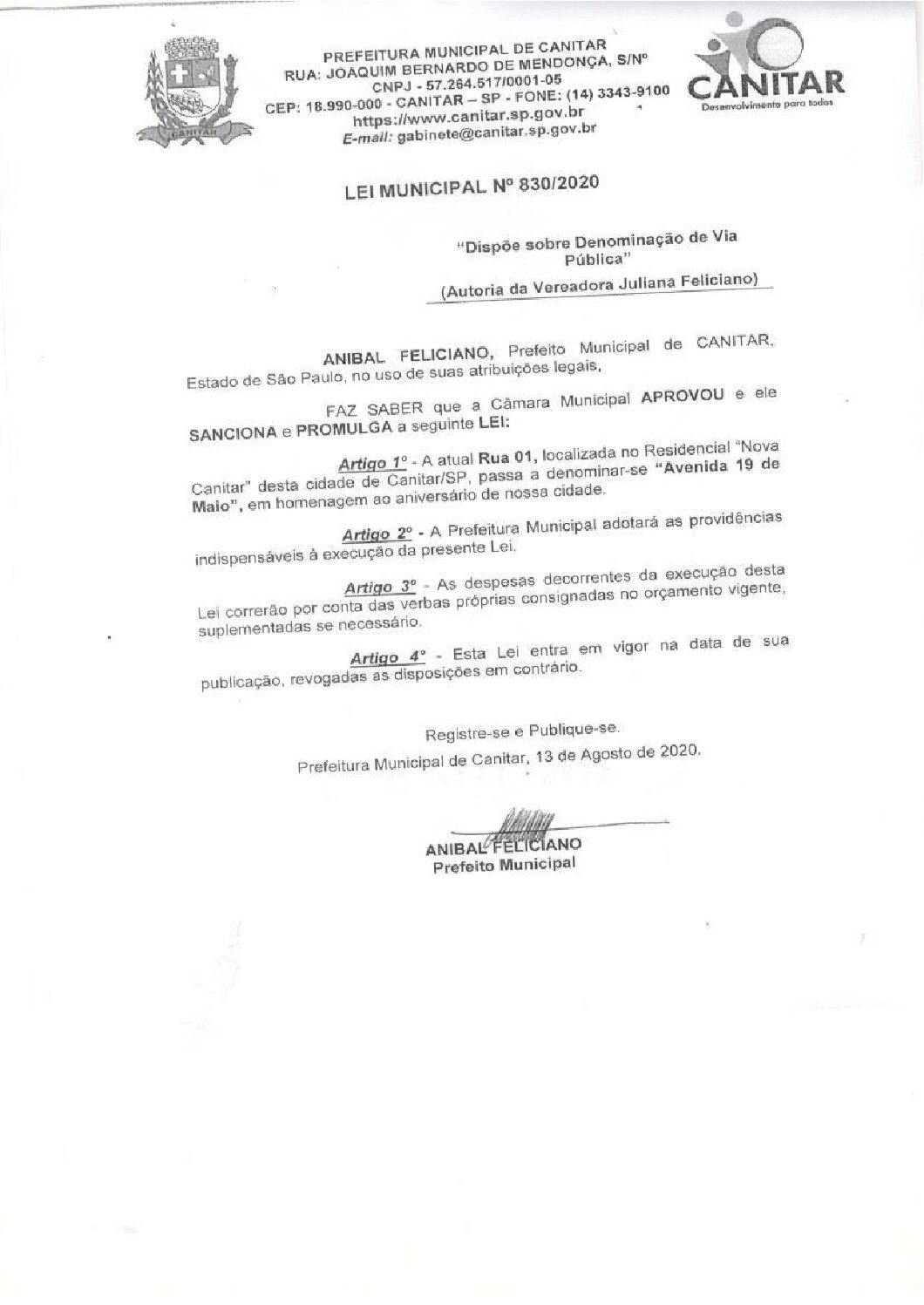 Leia mais sobre o artigo Lei Municipal nº 830 2020   Dispõe sobre denominação de Via Pública   Avenida 19 de Maio.