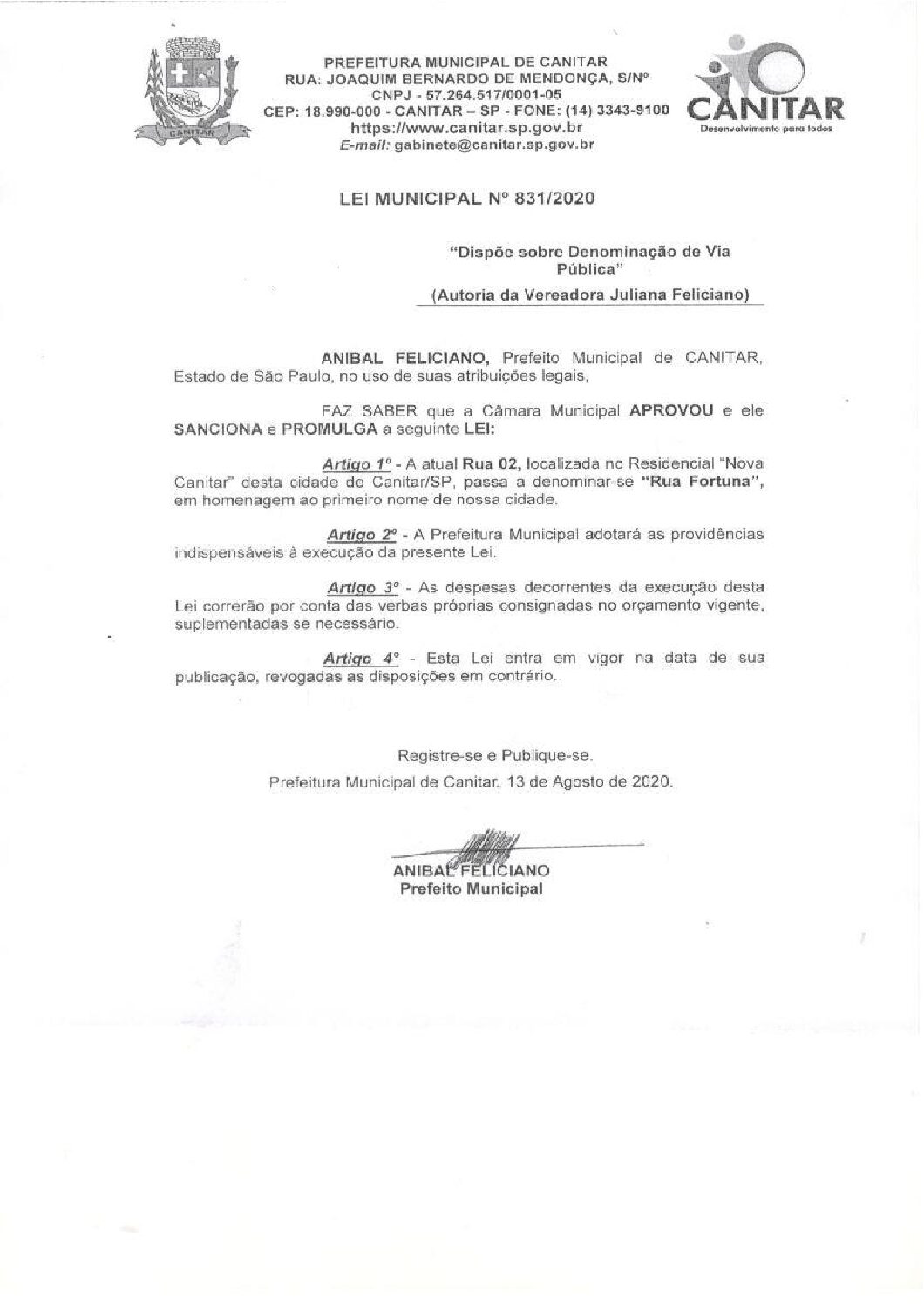 Leia mais sobre o artigo Lei Municipal nº 831 2020   Dispõe sobre denominação de Via Pública   Rua Fortuna.