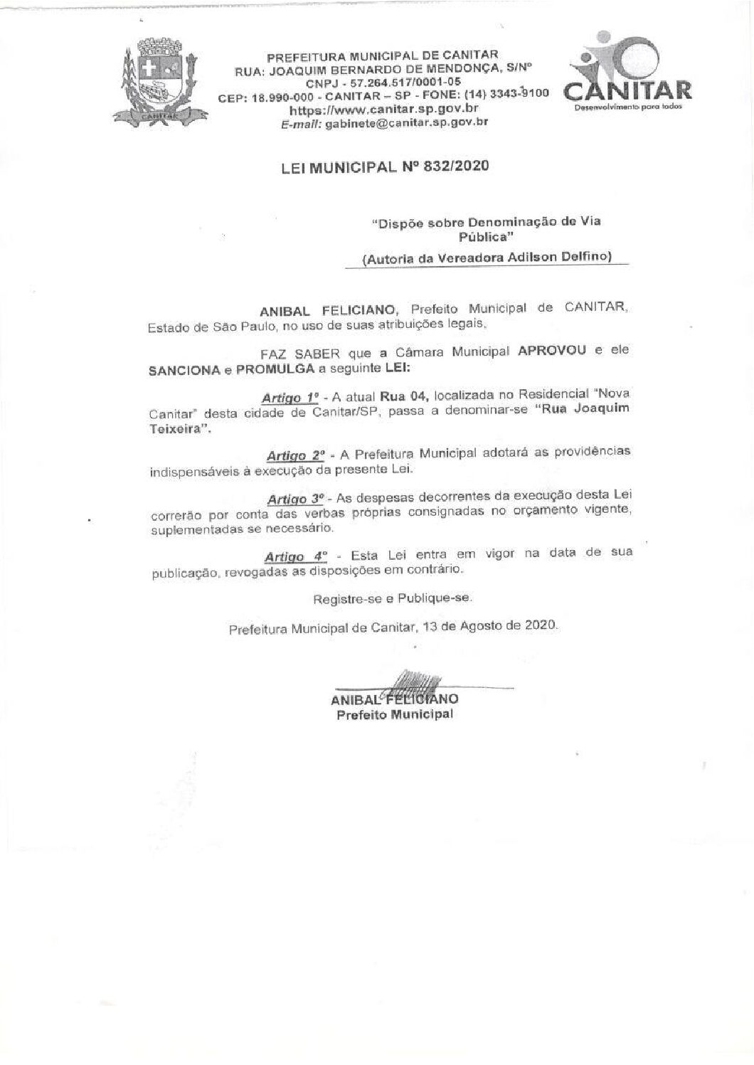 Leia mais sobre o artigo Lei Municipal nº 832 2020   Dispõe sobre denominação de Via Pública   Joaquim Teixeira.