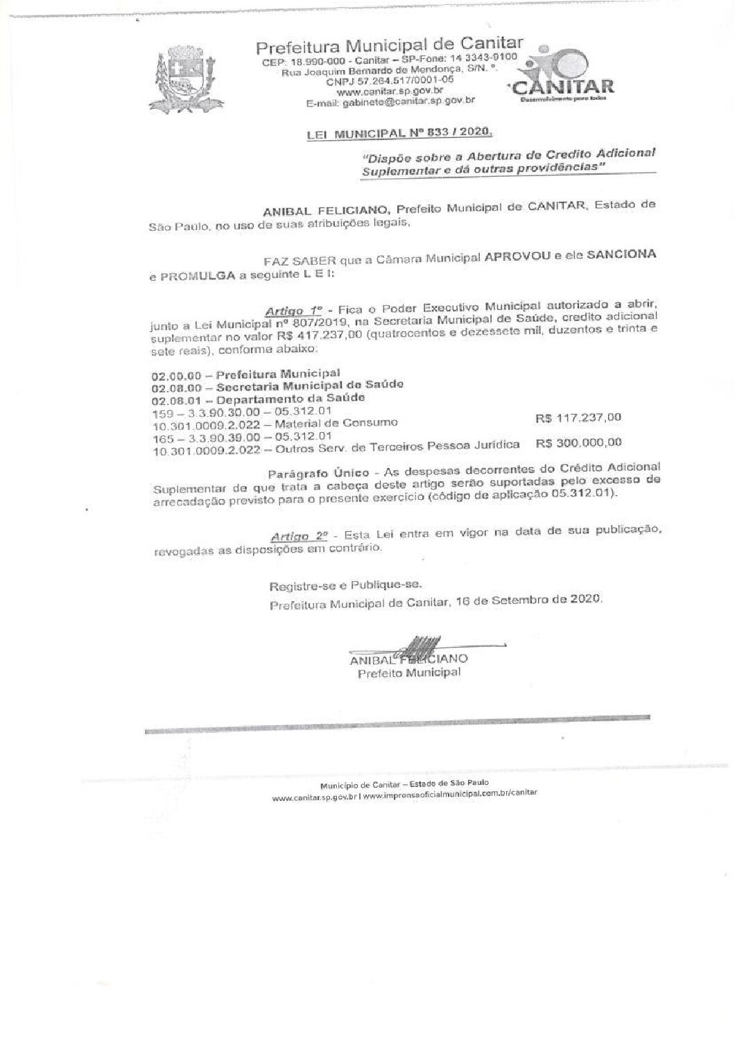 Leia mais sobre o artigo Lei Municipal nº 833 2020   Dispõe sobre abertura de crédito, Secretaria Municipal de Saúde.