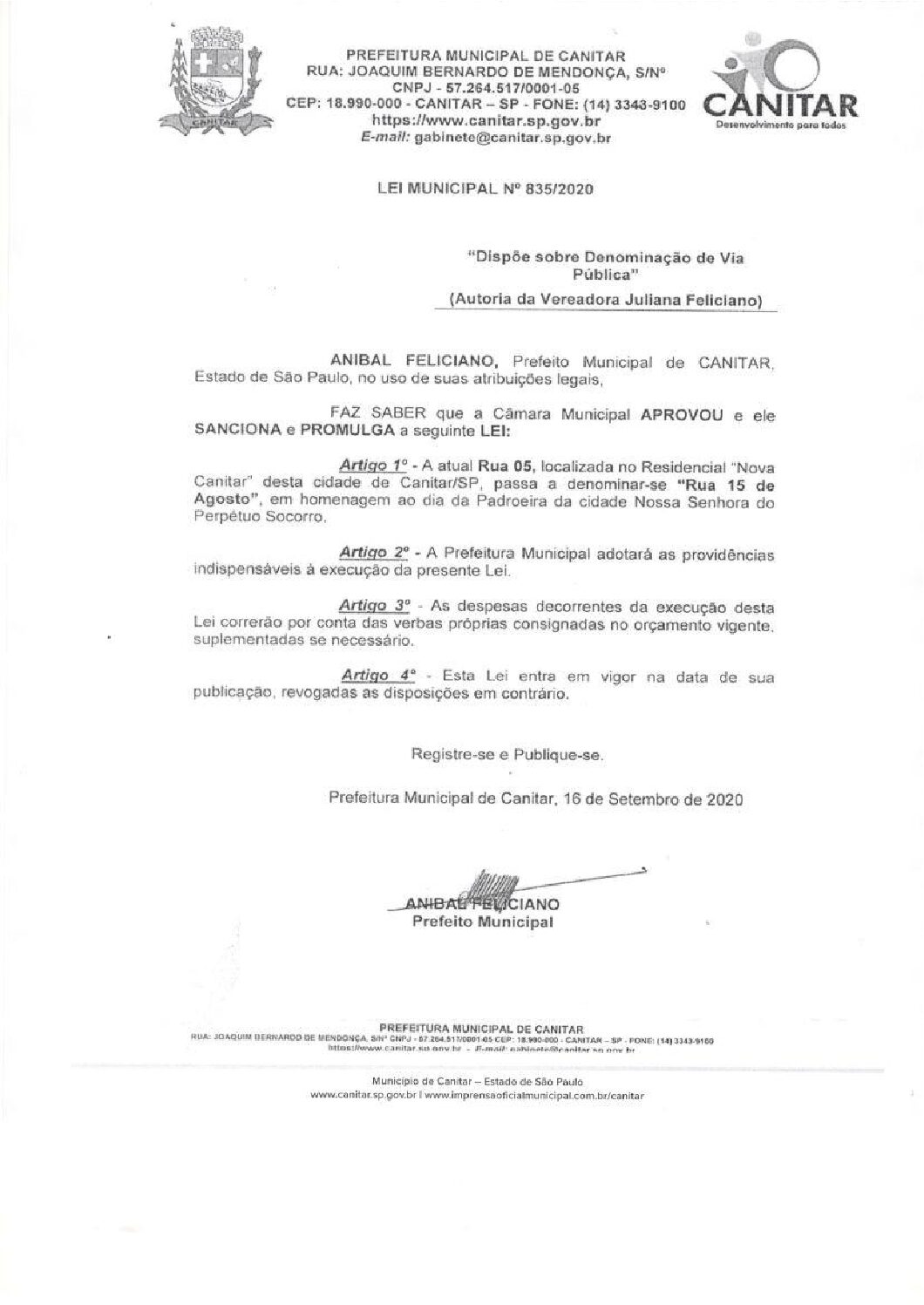 Leia mais sobre o artigo Lei Municipal nº 835 2020   Dispõe sobre denominação de via pública   Rua 15 de Agosto.
