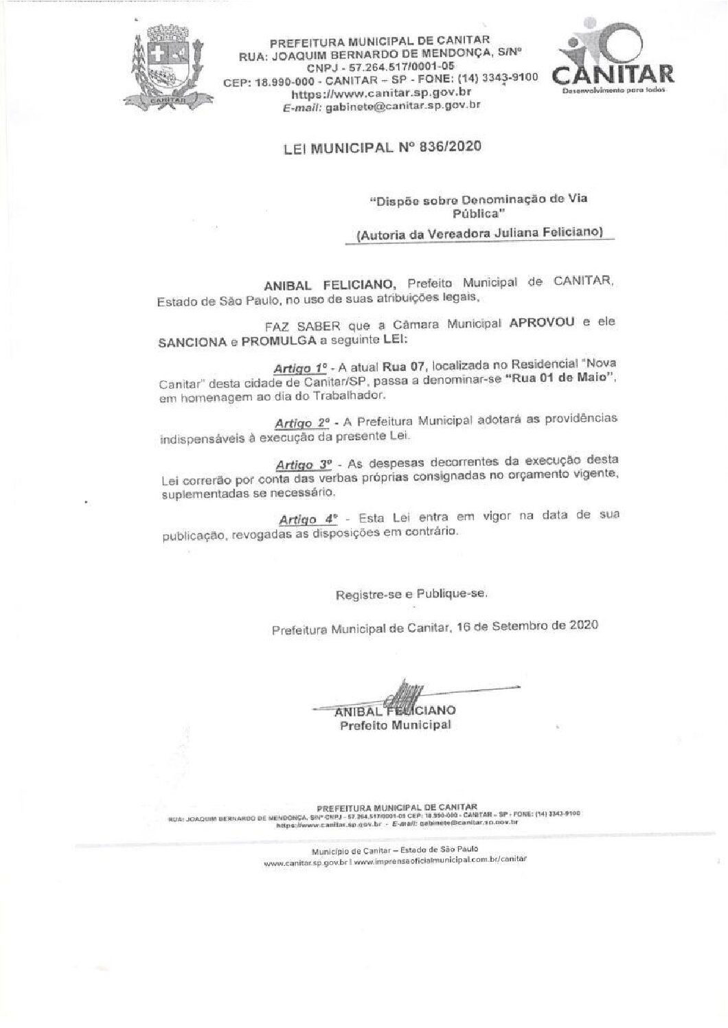 Leia mais sobre o artigo Lei Municipal nº 836 2020   Dispõe sobre denominação de Via Pública   Rua 01 de Maio.