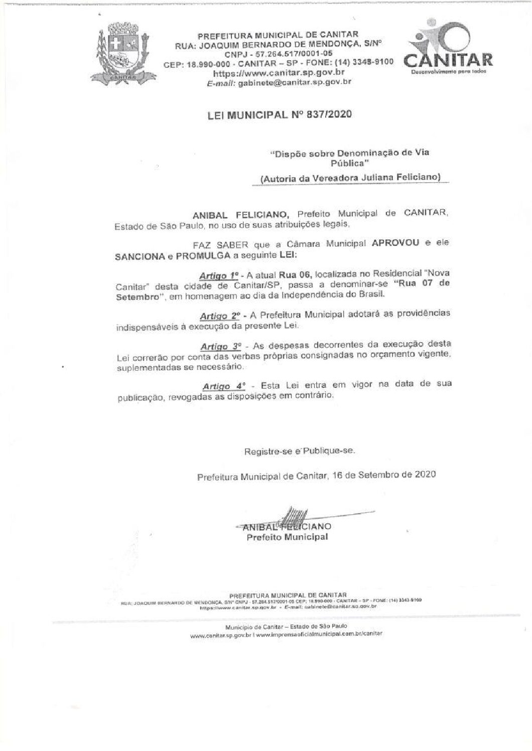 Leia mais sobre o artigo Lei Municipal nº 837 2020   Dispõe sobre denominação de Via Pública   Rua 07 de Setembro.