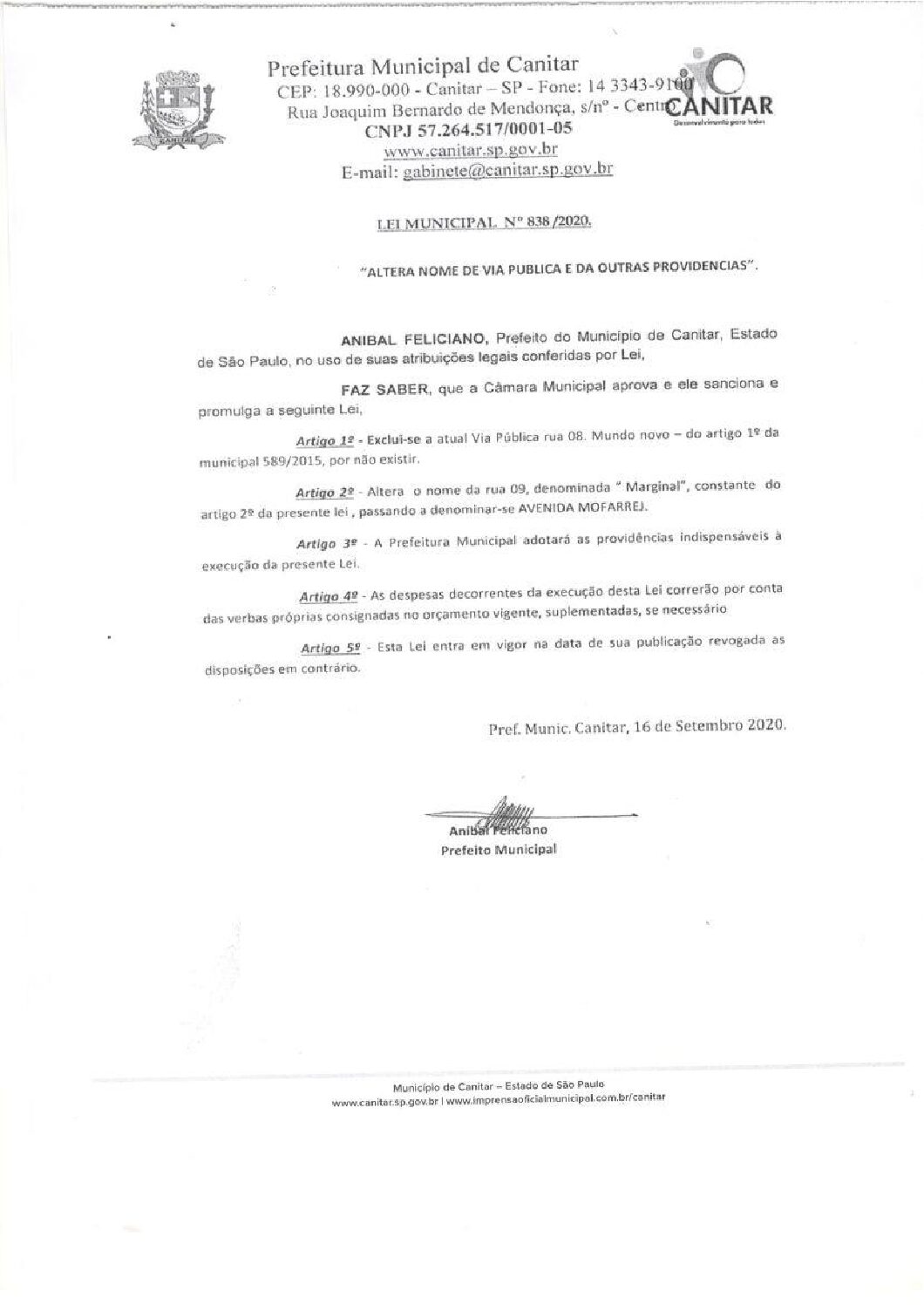 Leia mais sobre o artigo Lei Municipal nº 838 2020   Altera o nome de Via Pública e dá outras providências.