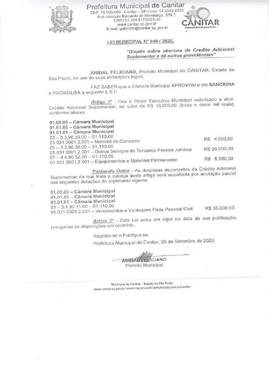 Leia mais sobre o artigo Lei Municipal nº 840 2020   Dispõe sobre abertura de crédito, Câmara Municipal.