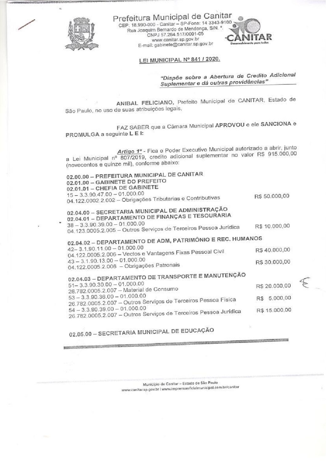 Leia mais sobre o artigo Lei Municipal nº 841 2020   Dispõe sobre abertura de crédito, Gabinete do Prefeito.