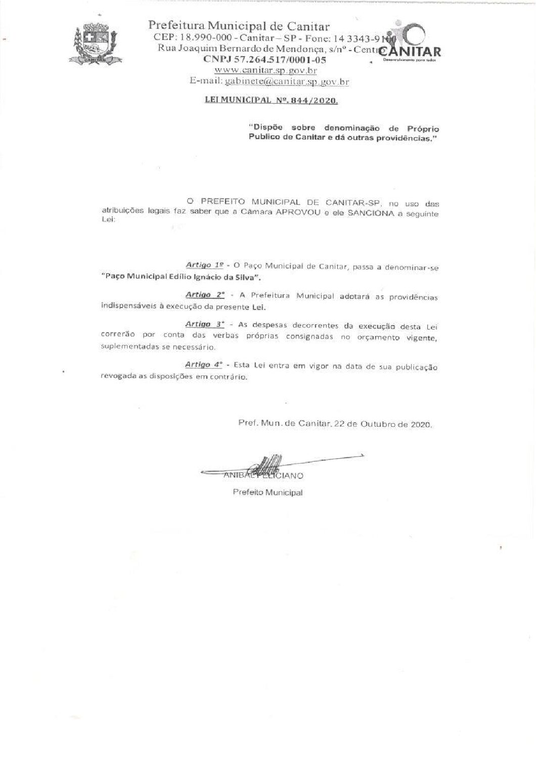 Leia mais sobre o artigo Lei Municipal nº 844 2020   Dispõe sobre denominação de Próprio Público   Paço Municipal Edílio Ignácio da Silva.