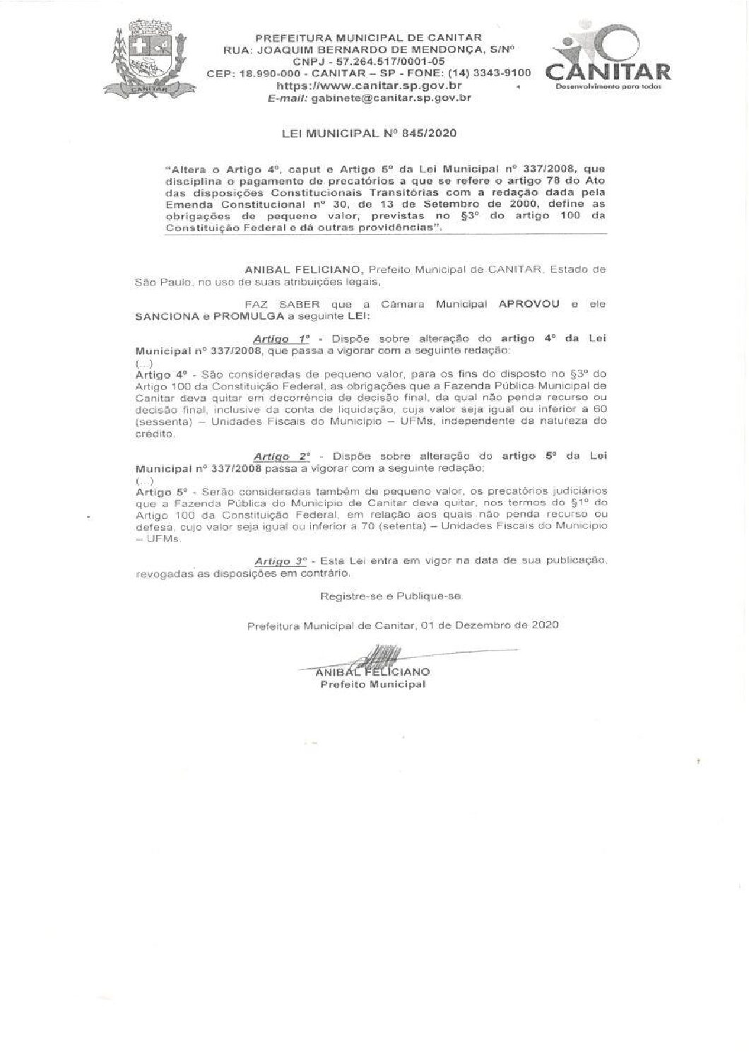 Leia mais sobre o artigo Lei Municipal nº 845 2020   Altera o artigo 4º, caput artigo 5º, da Lei Municipal nº 337 2008.