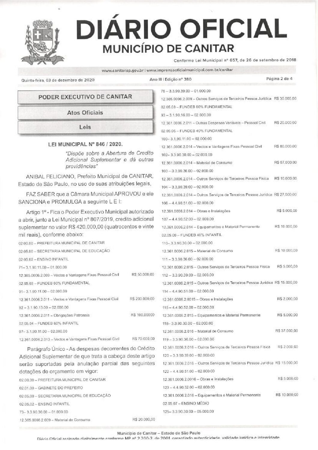 Leia mais sobre o artigo Lei Municipal nº 846 2020   Dispõe sobre abertura de crédito, Secretaria Municipal de Educação.
