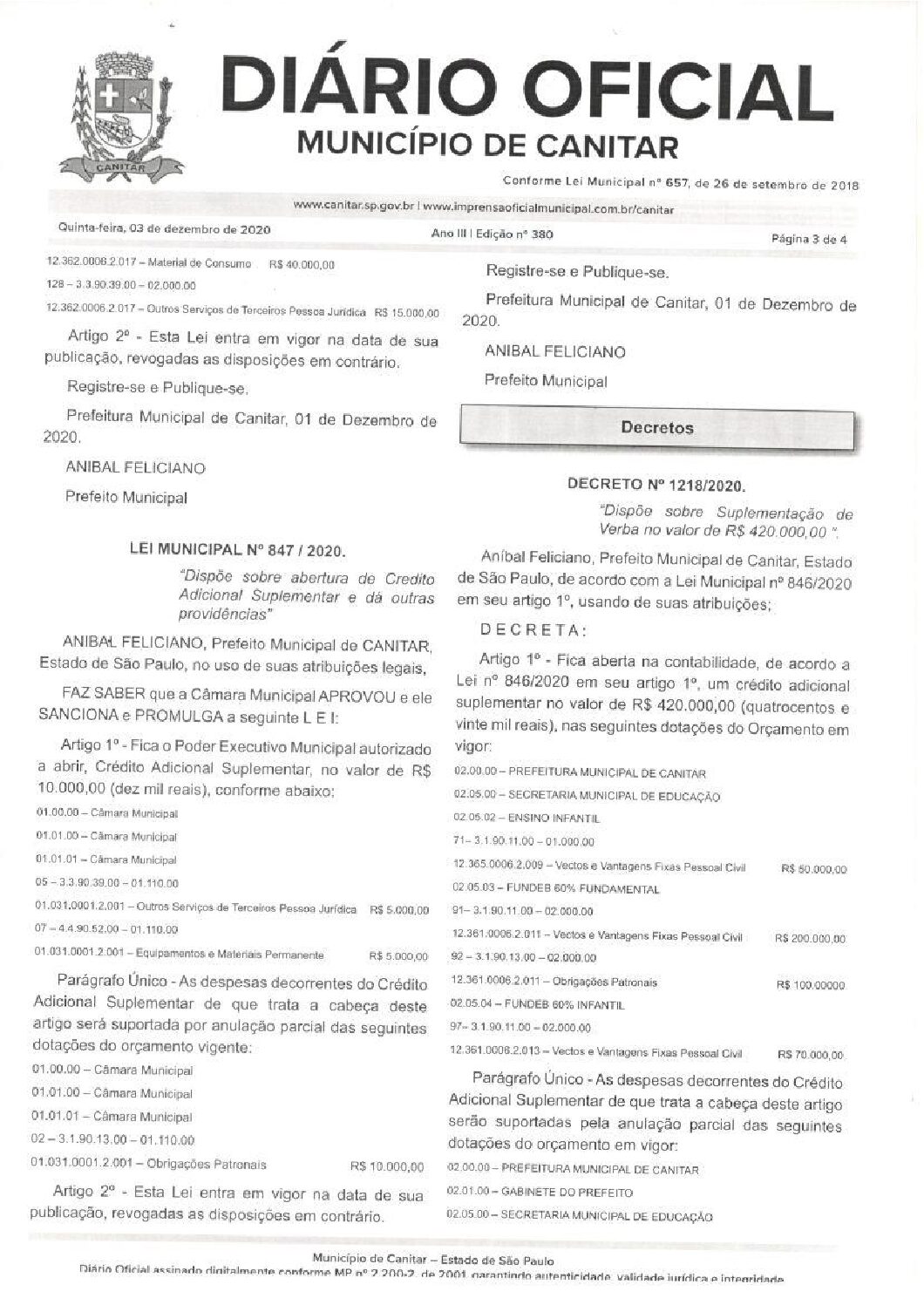 Leia mais sobre o artigo Lei Municipal nº 847 2020   Dispõe sobre abertura de crédito, Câmara Municipal.