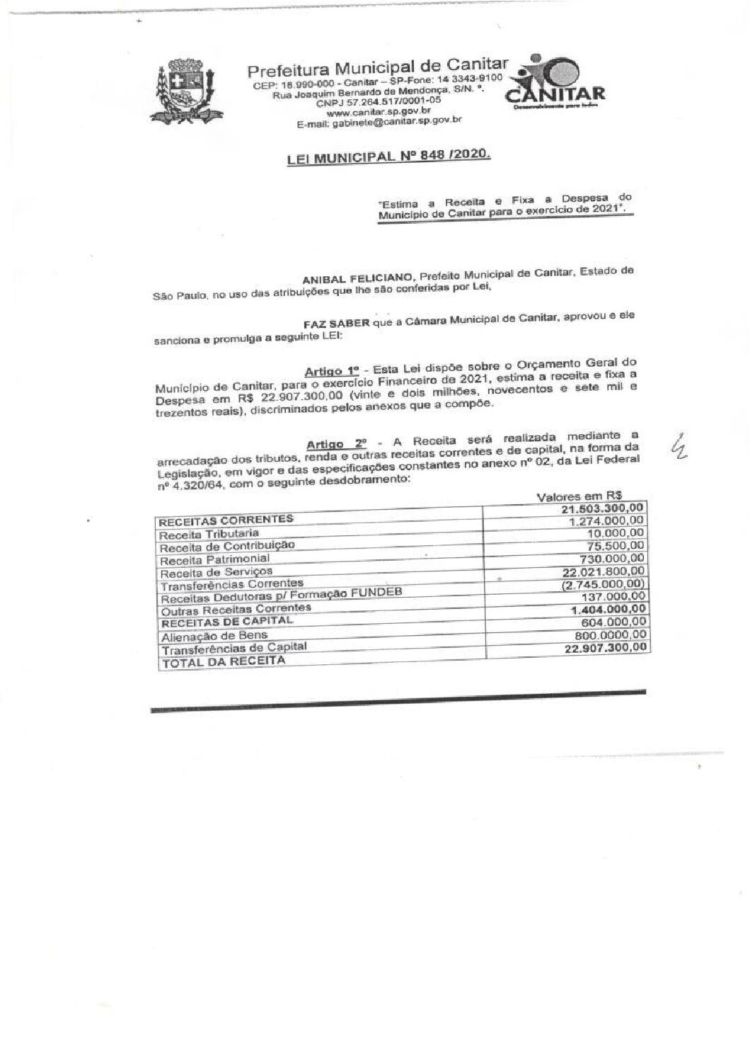 Leia mais sobre o artigo Lei Municipal nº 848 2020   Estima a Receita e Fixa a Despesa do Município de Canitar para o exercício de 2021.