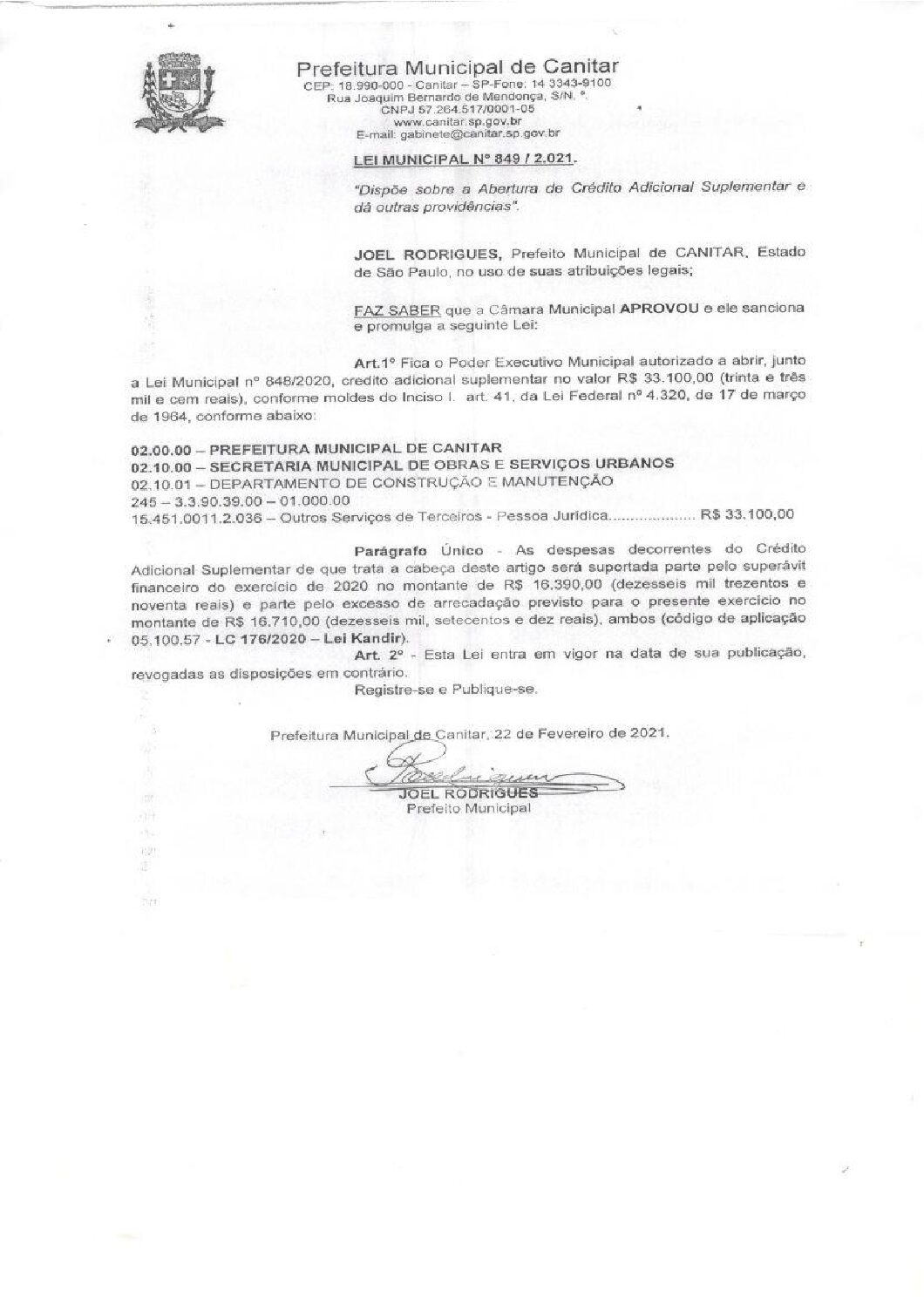 Leia mais sobre o artigo Lei Municipal nº 849 2021   Dispõe sobre abertura de crédito, Secretaria de Obras e Serviços Urbanos.