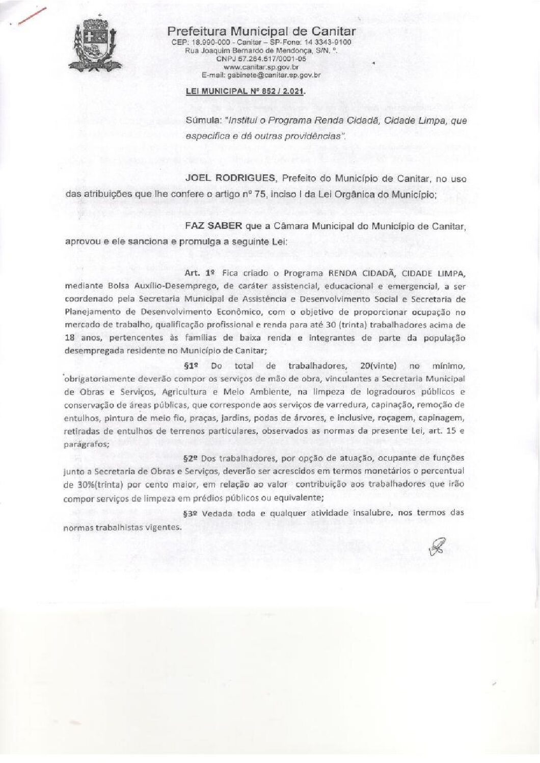 Leia mais sobre o artigo Lei Municipal nº 852 2021   Institui o Programa Renda Cidadã, Cidade Limpa.