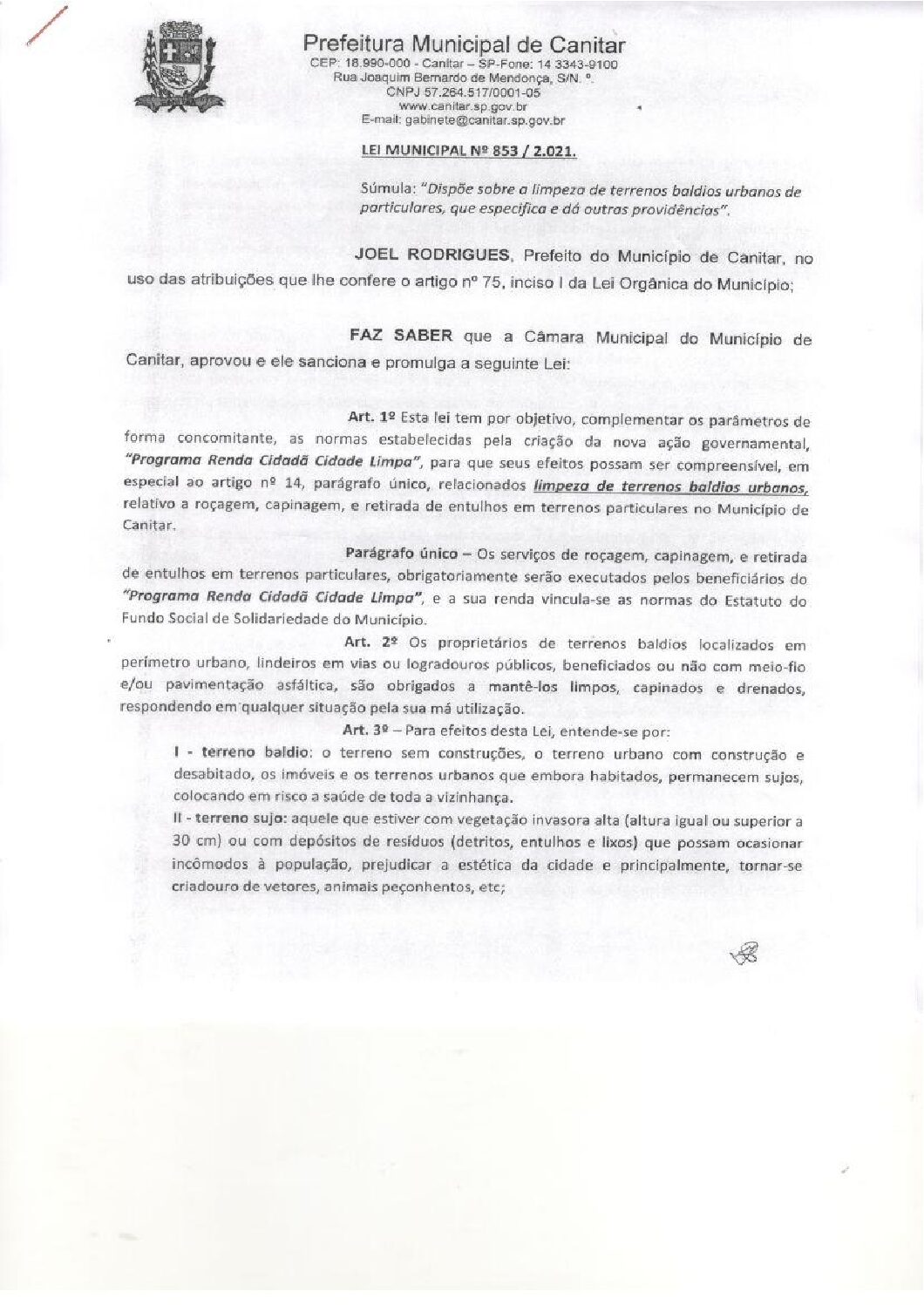 Leia mais sobre o artigo Lei Municipal nº 853 2021   Dispõe sobre a limpeza de terrenos baldios urbanos de particulares.
