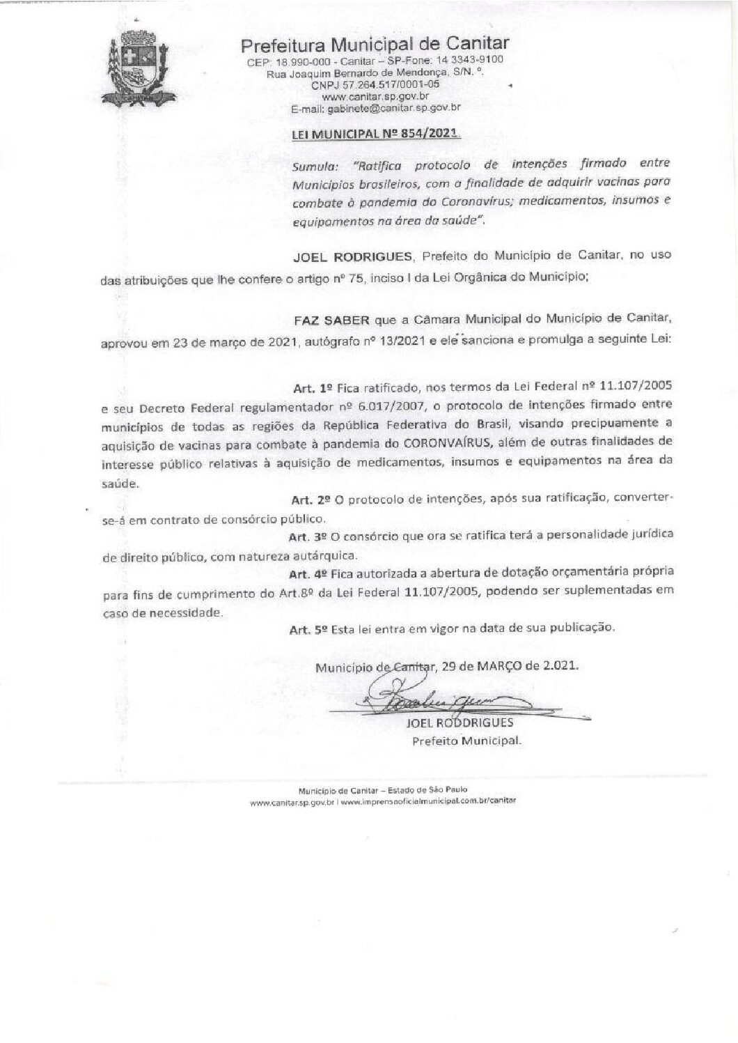 Leia mais sobre o artigo Lei Municipal nº 854 2021   Finalidade de adquirir vacinas para combate à pandemia do Coronavirus.