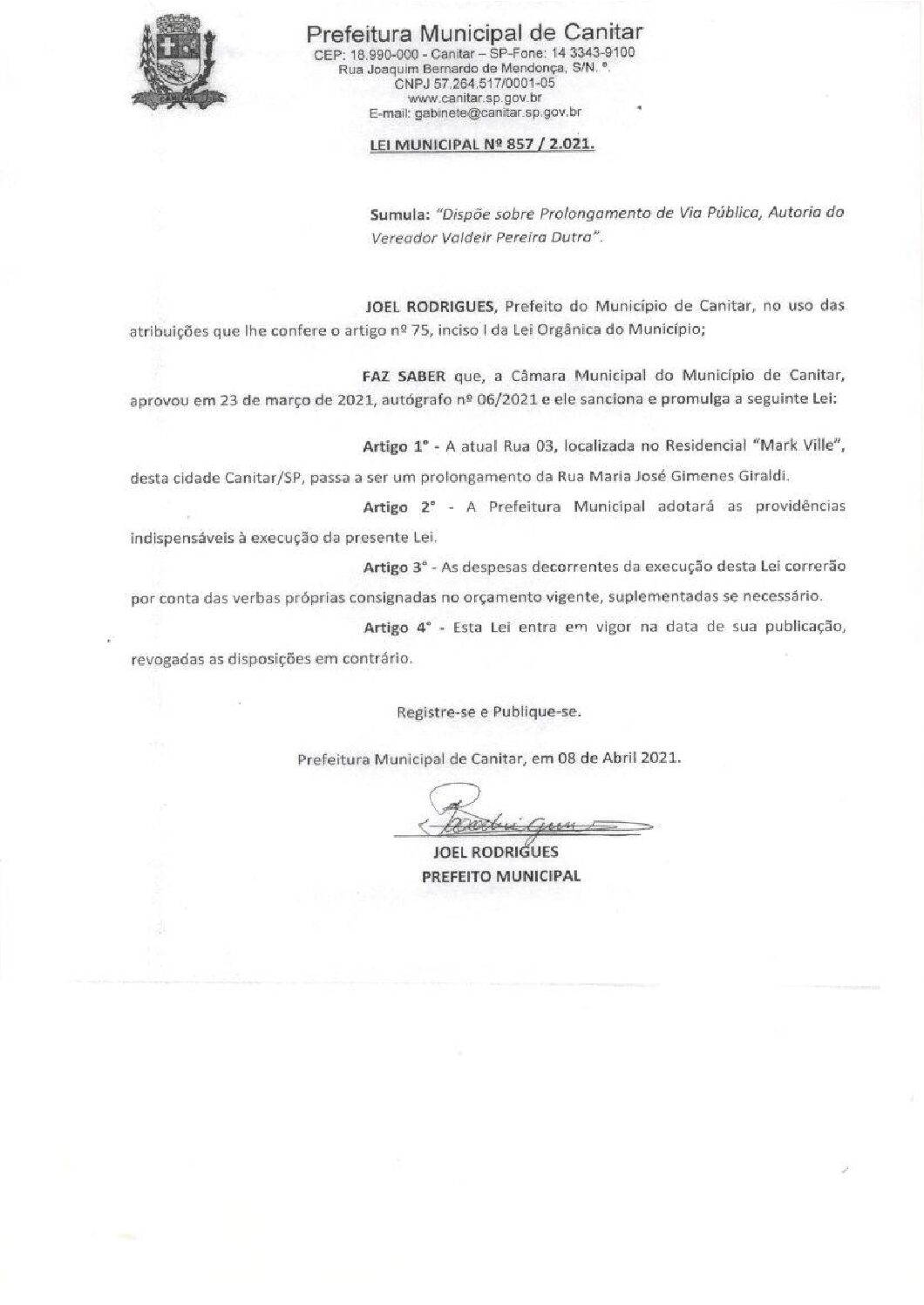 Leia mais sobre o artigo Lei Municipal nº 857 2021   Dispõe sobre prolongamento de Via Pública.