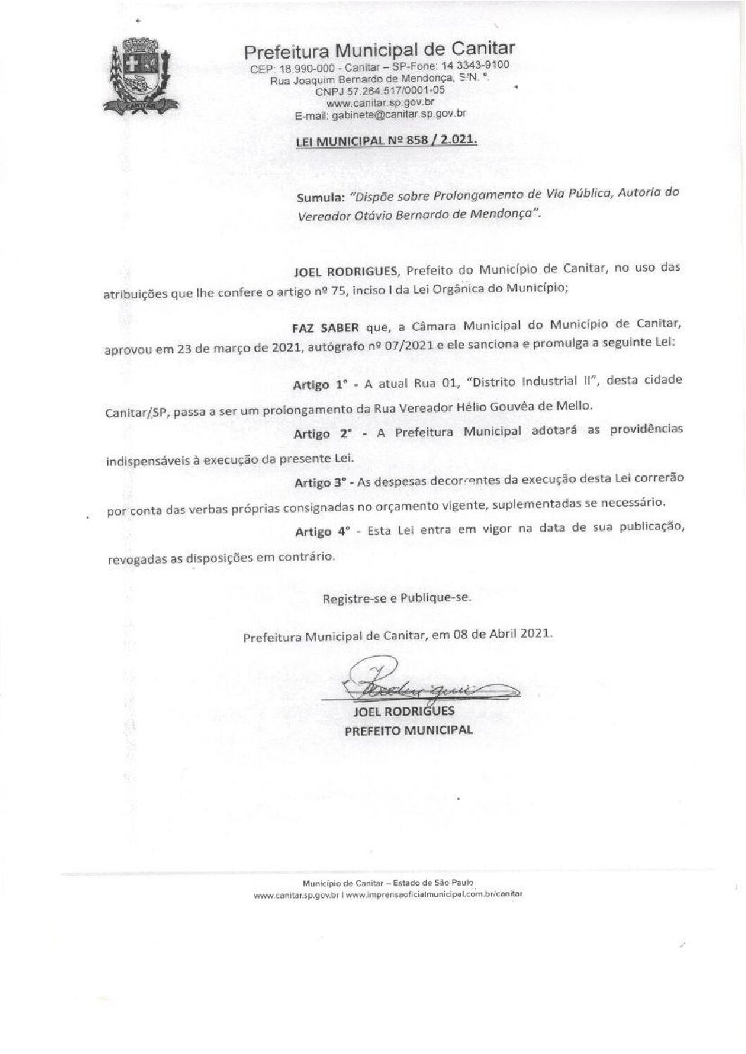 Leia mais sobre o artigo Lei Municipal nº 858 2021   Dispõe sobre prolongamento de Via Pública.