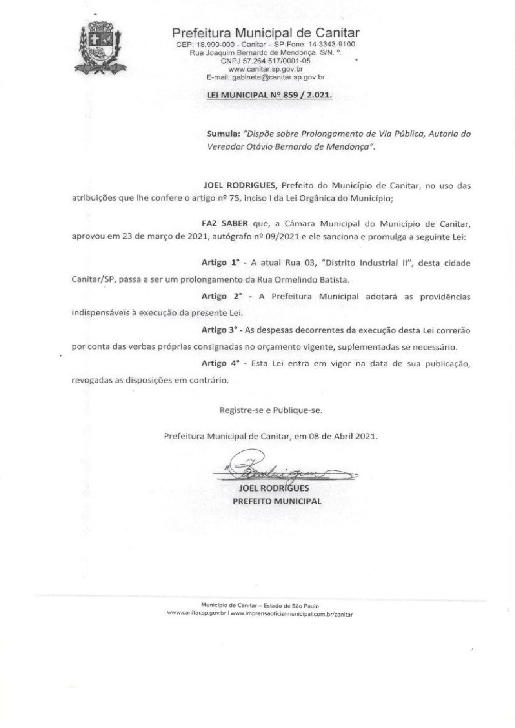 Leia mais sobre o artigo Lei Municipal nº 859 2021   Dispõe sobre prolongamento de Via Pública.