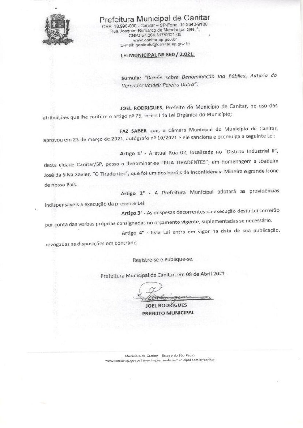 Leia mais sobre o artigo Lei Municipal nº 860 2021   Dispõe sobre denominação de Via Pública   Rua Tiradentes.