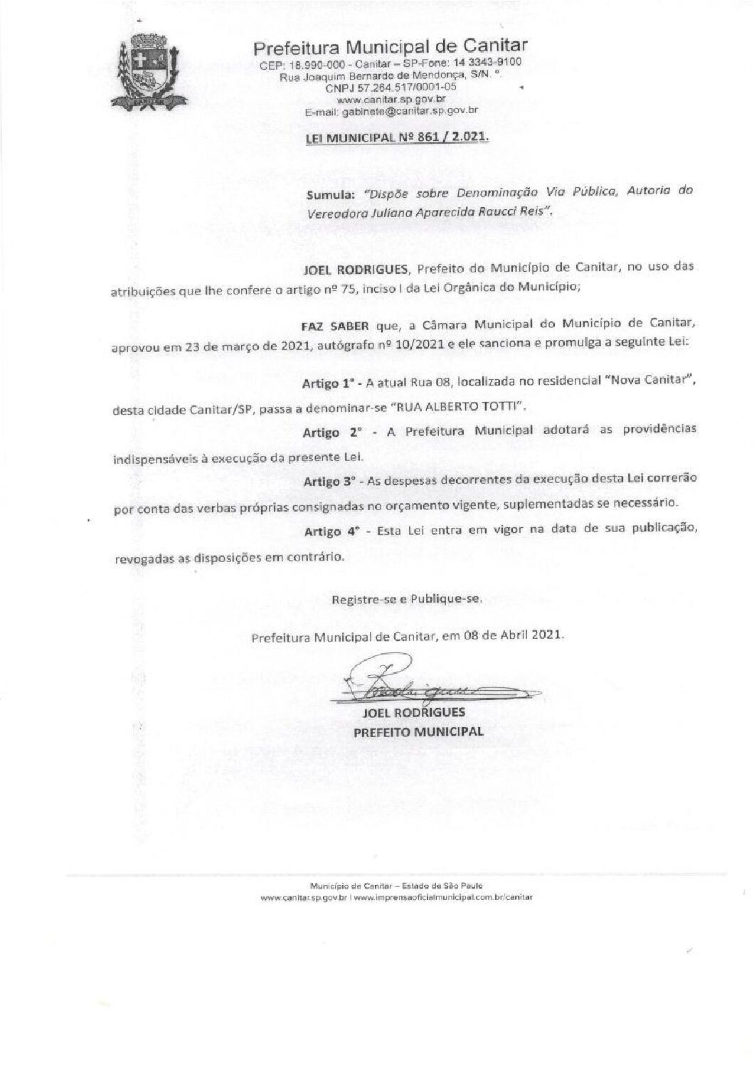 Leia mais sobre o artigo Lei Municipal nº 861 2021   Dispõe sobre denominação de Via Pública   Alberto Totti.