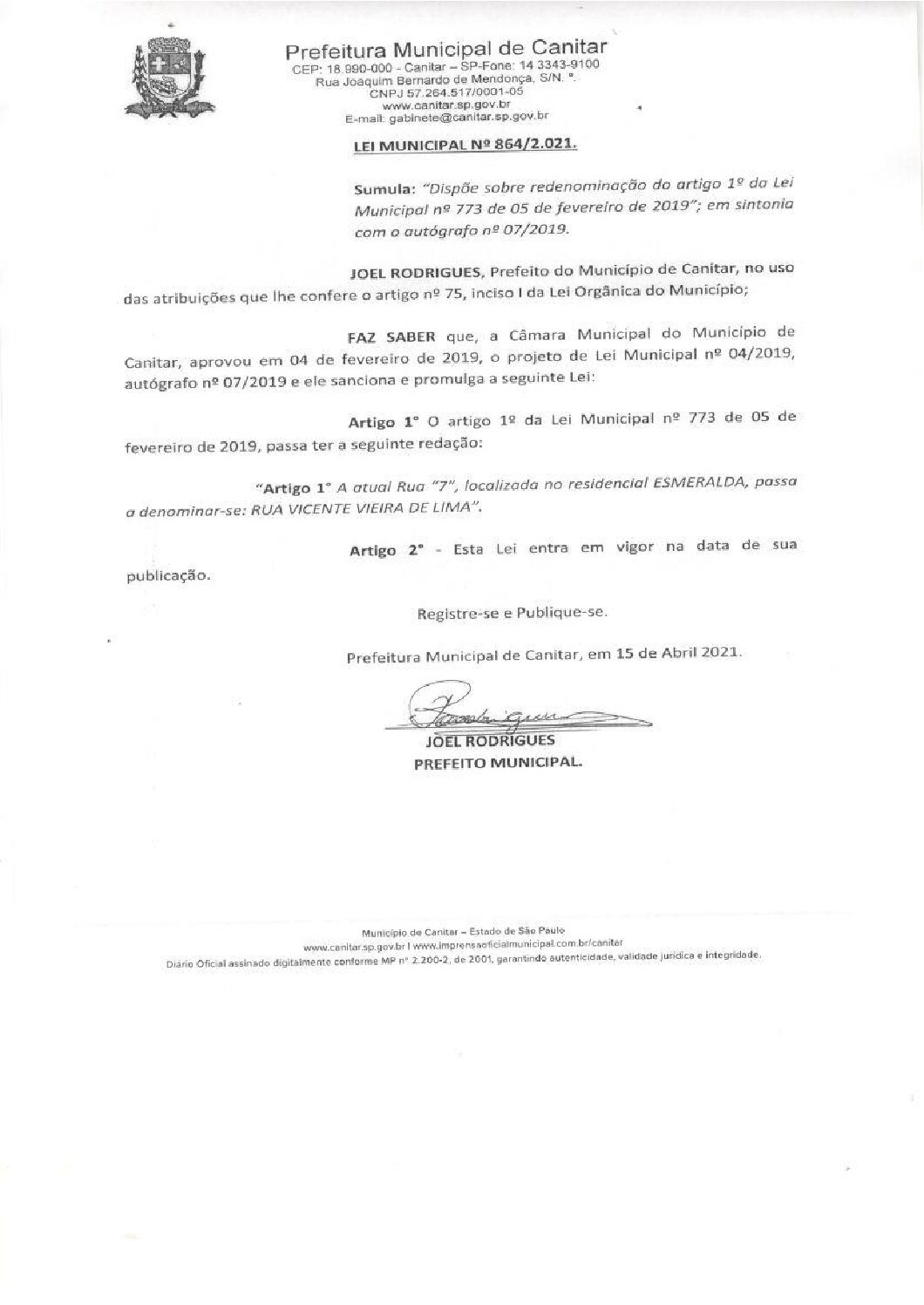 Leia mais sobre o artigo Lei Municipal nº 864 2021   Dispõe sobre redenominação do artigo 1º da Lei Municipal nº 773 de 05 de fevereiro de 2019.