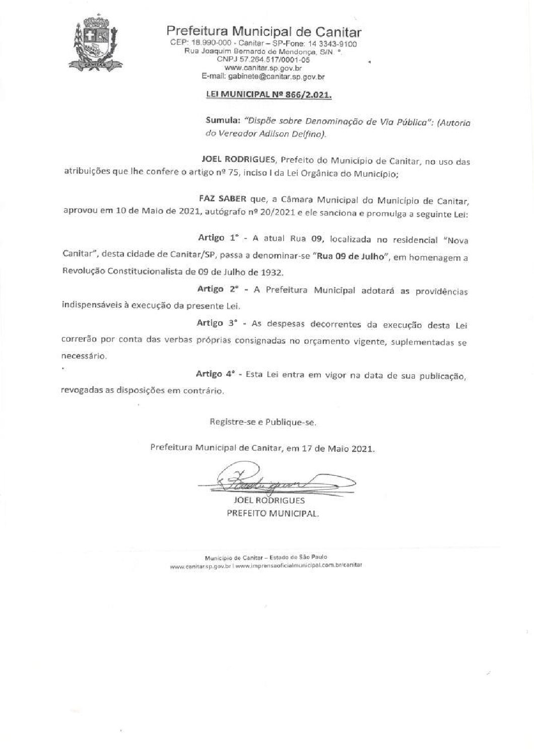 Leia mais sobre o artigo Lei Municipal nº 866 2021   Dispõe sobre denominação de Via Pública   Rua 09 de Julho.