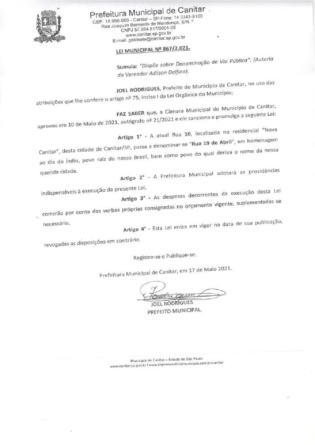 Leia mais sobre o artigo Lei Municipal nº 867 2021   Dispõe sobre denominação de Via Pública   Rua 19 de Abril.
