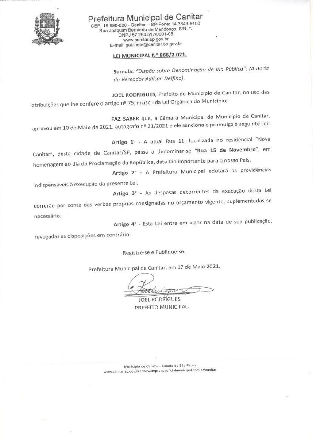 Leia mais sobre o artigo Lei Municipal nº 868 2021   Dispõe sobre denominação de Via Pública   Rua 15 de Novembro.