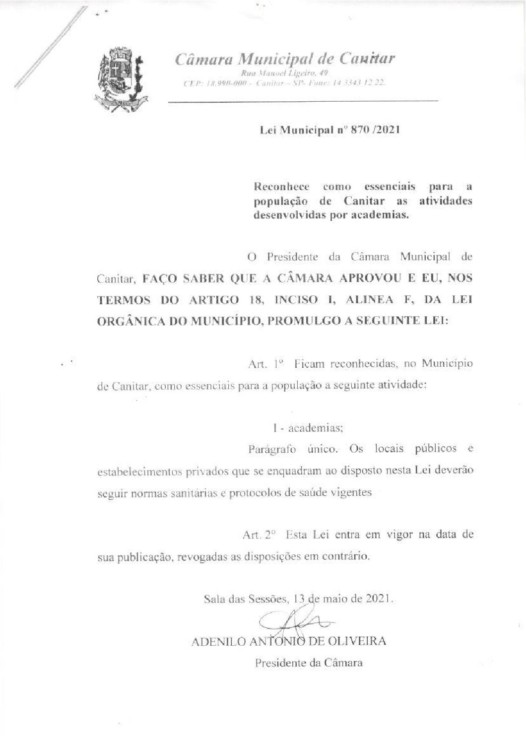 Leia mais sobre o artigo Lei Municipal nº 870 2021   Reconhece como essenciais atividades desenvolvidas por academias.