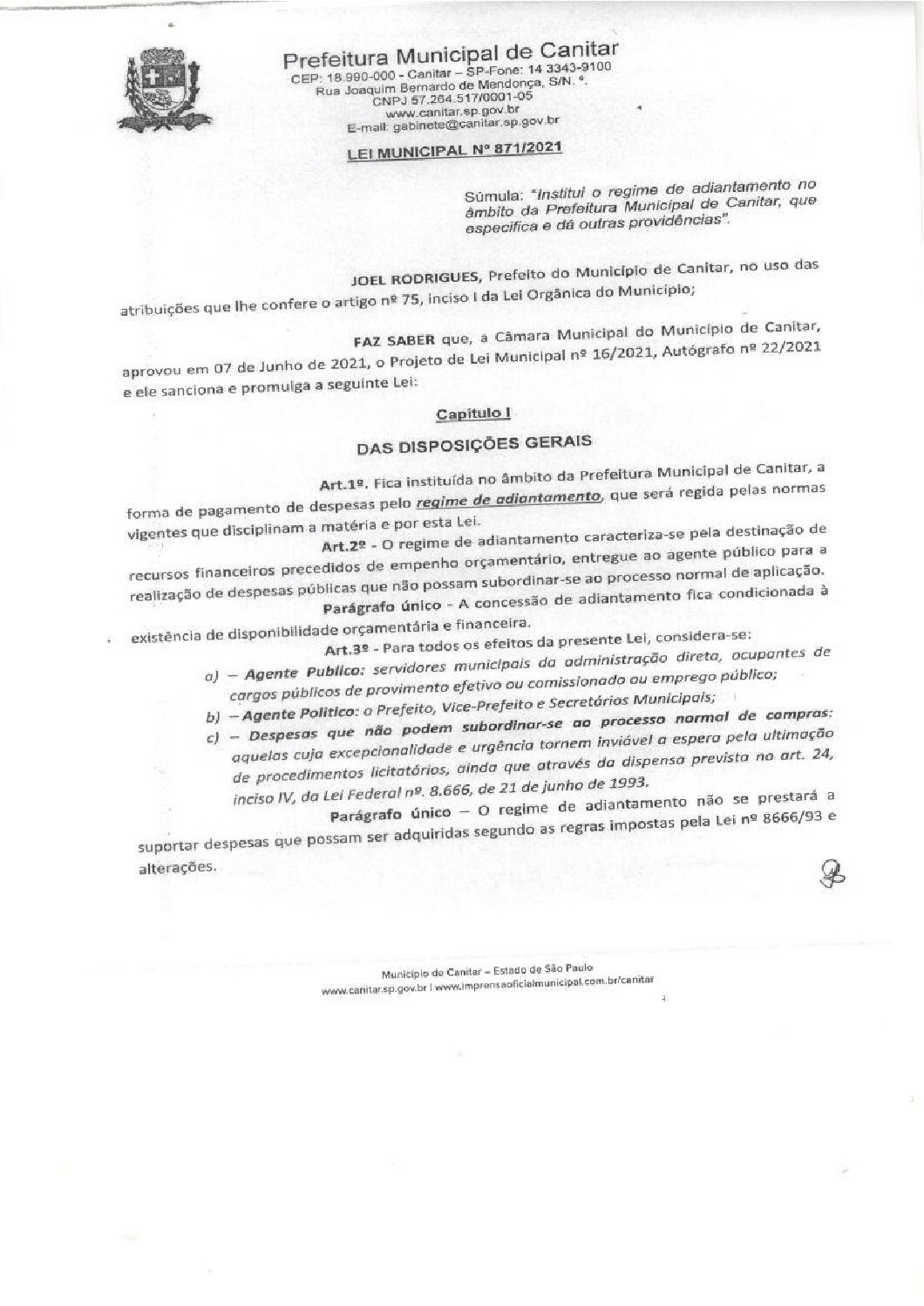 Leia mais sobre o artigo Lei Municipal nº 871 2021   Institui o regime de adiantamento no âmbito da Prefeitura Municipal.