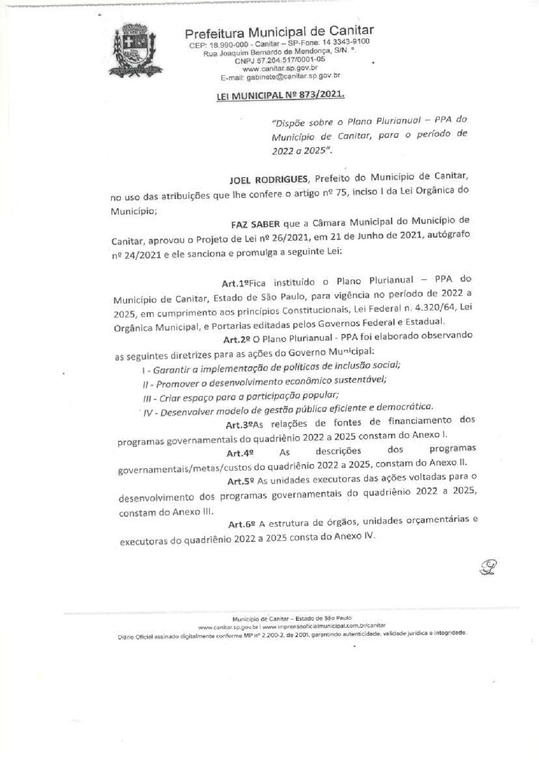 Leia mais sobre o artigo Lei Municipal nº 873 2021   Dispõe sobre o Plano Plurianual para o período de 2022 a 2025.