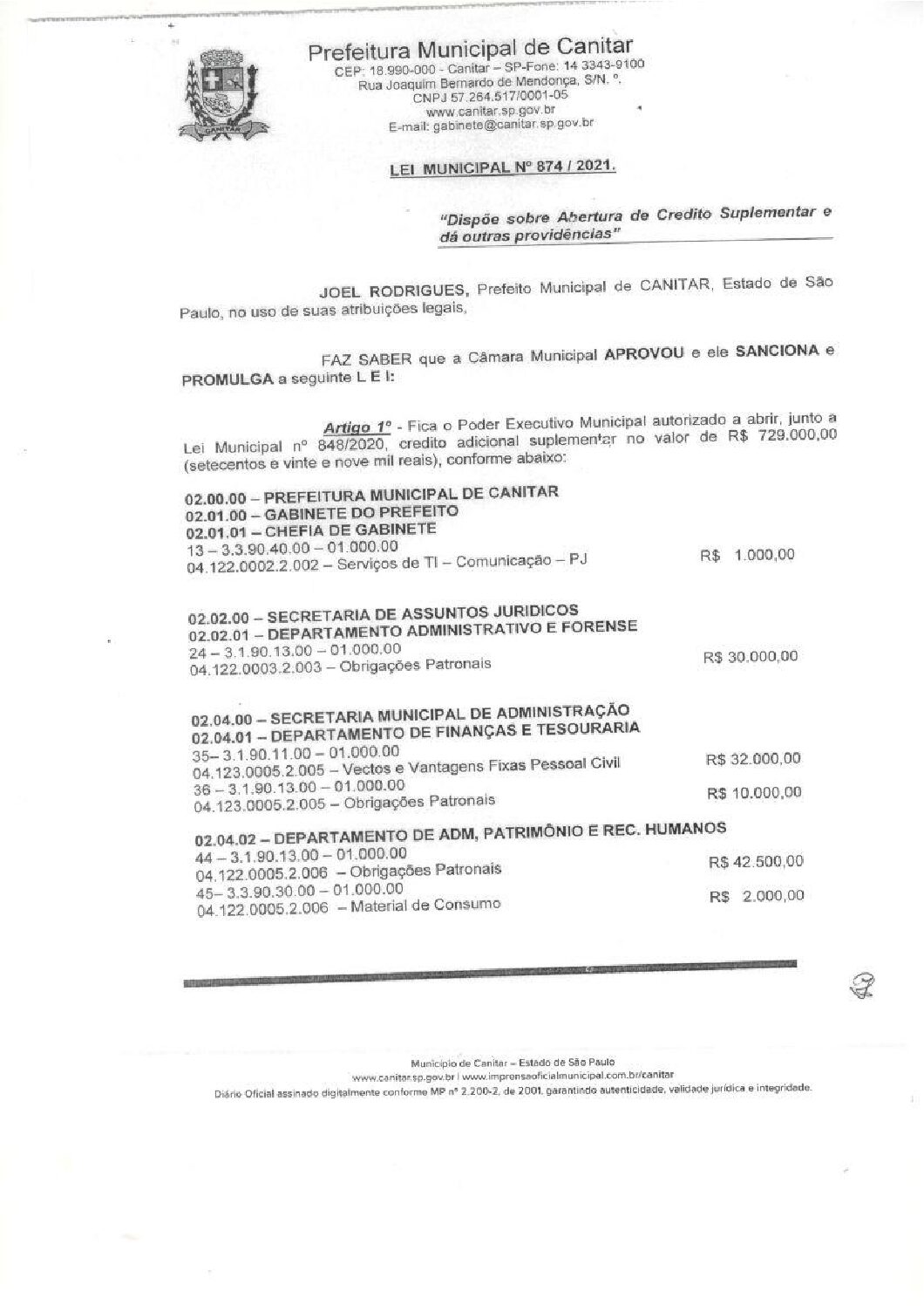 Leia mais sobre o artigo Lei Municipal nº 874 2021   Dispõe sobre abertura de crédito, Gabinete do Prefeito.