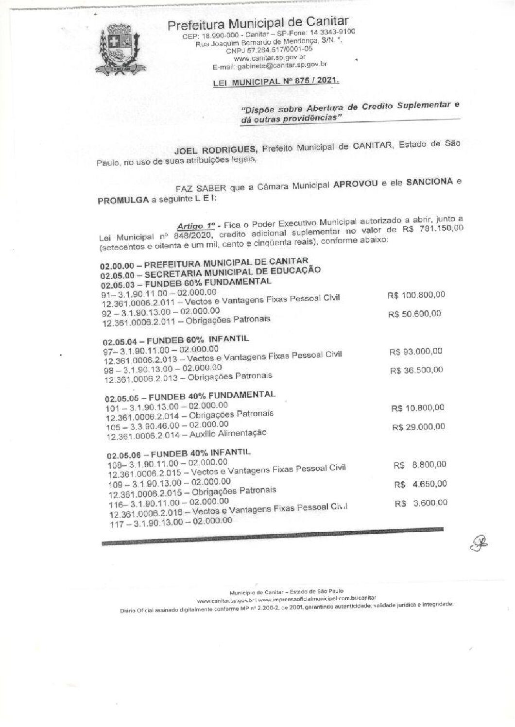 Leia mais sobre o artigo Lei Municipal nº 875 2021   Dispõe sobre abertura de crédito, Secretaria Municipal de Educação.