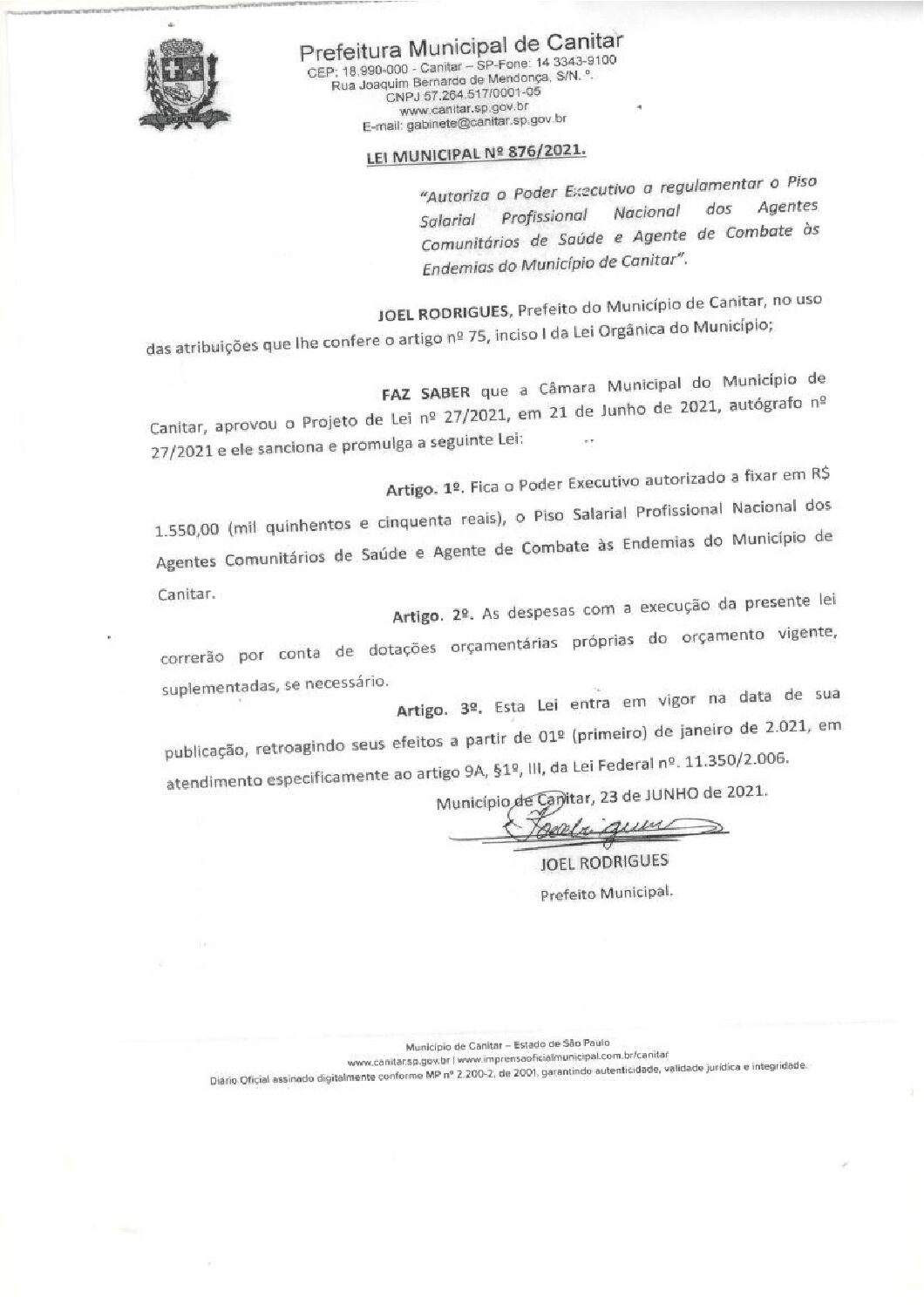 Leia mais sobre o artigo Lei Municipal nº 876 2021   Regulamenta o Piso Salarial Profissional Nacional dos Agentes Comunitários de Saúde.