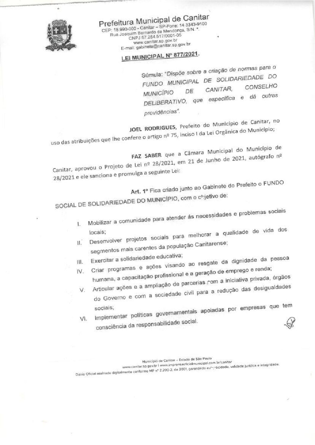 Leia mais sobre o artigo Lei Municipal nº 877 2021   Dispõe sobre a criação de normas para o Fundo Municipal de Solidariedade.