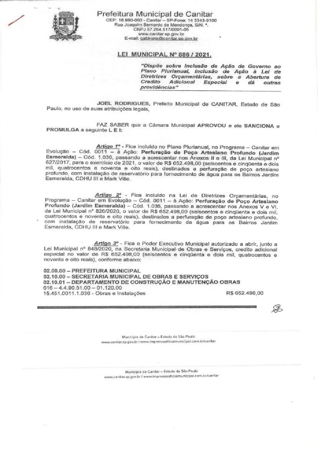 Leia mais sobre o artigo Lei Municipal nº 886 2021   Dispõe sobre abertura de crédito, perfuração de poço artesiano profundo.