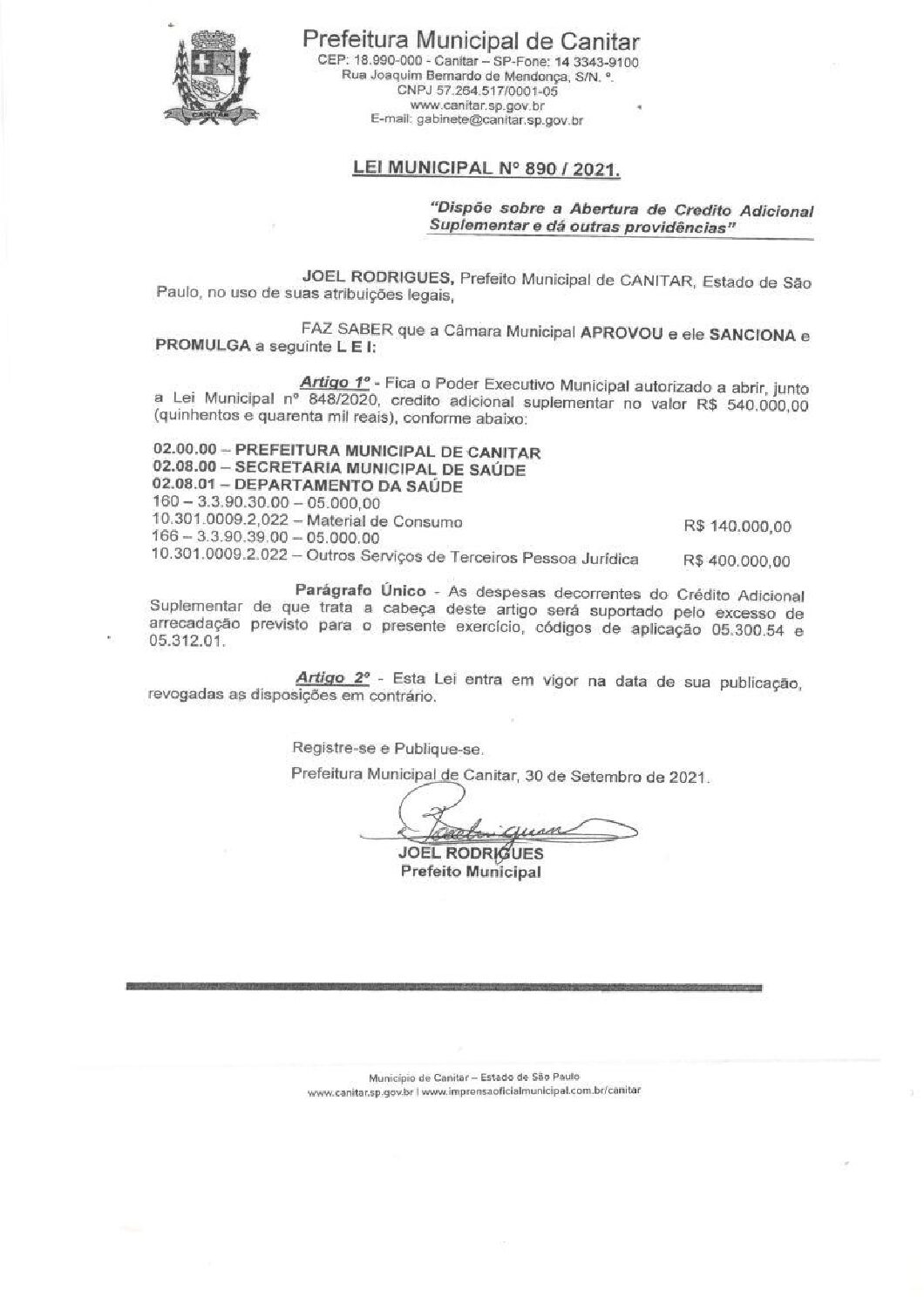 Leia mais sobre o artigo Lei Municipal nº 890 2021   Dispõe sobre abertura de crédito, Secretaria Municipal de Saúde.