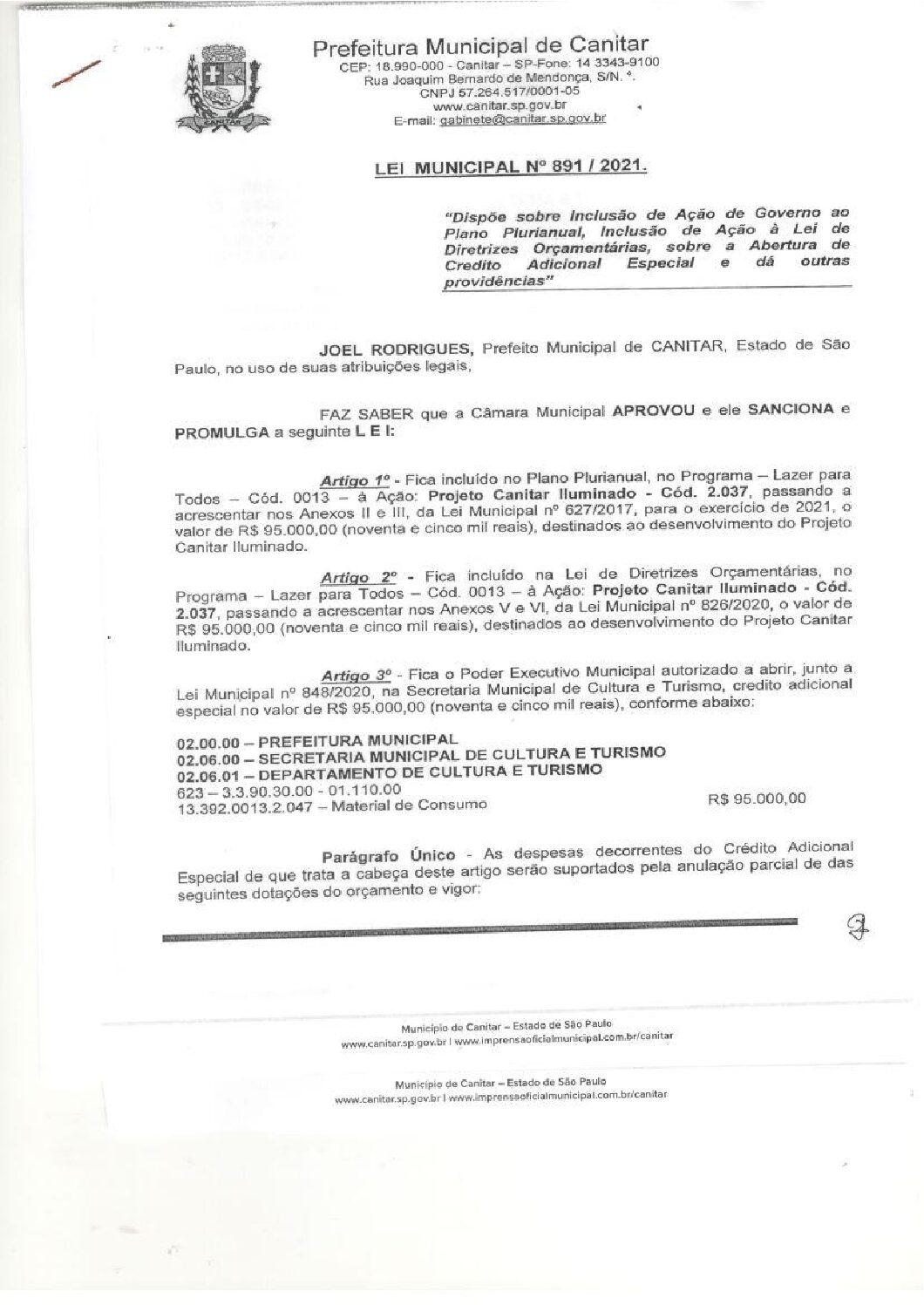 Leia mais sobre o artigo Lei Municipal nº 891 2021   Dispõe sobre abertura de crédito, Projeto Canitar Iluminado.