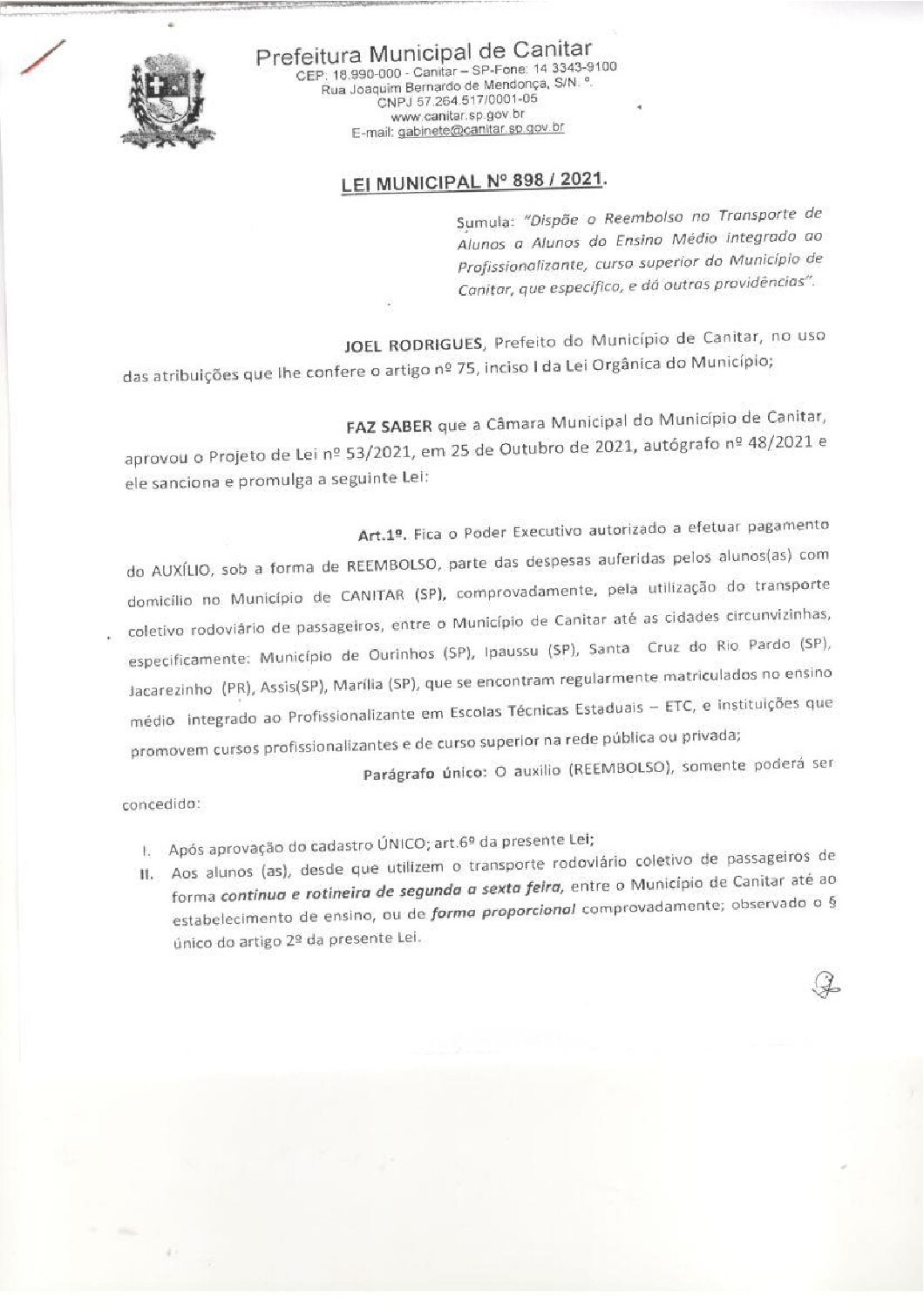 Leia mais sobre o artigo Lei Municipal nº 898 2021   Dispõe sobre o reembolso no Transporte de alunos.