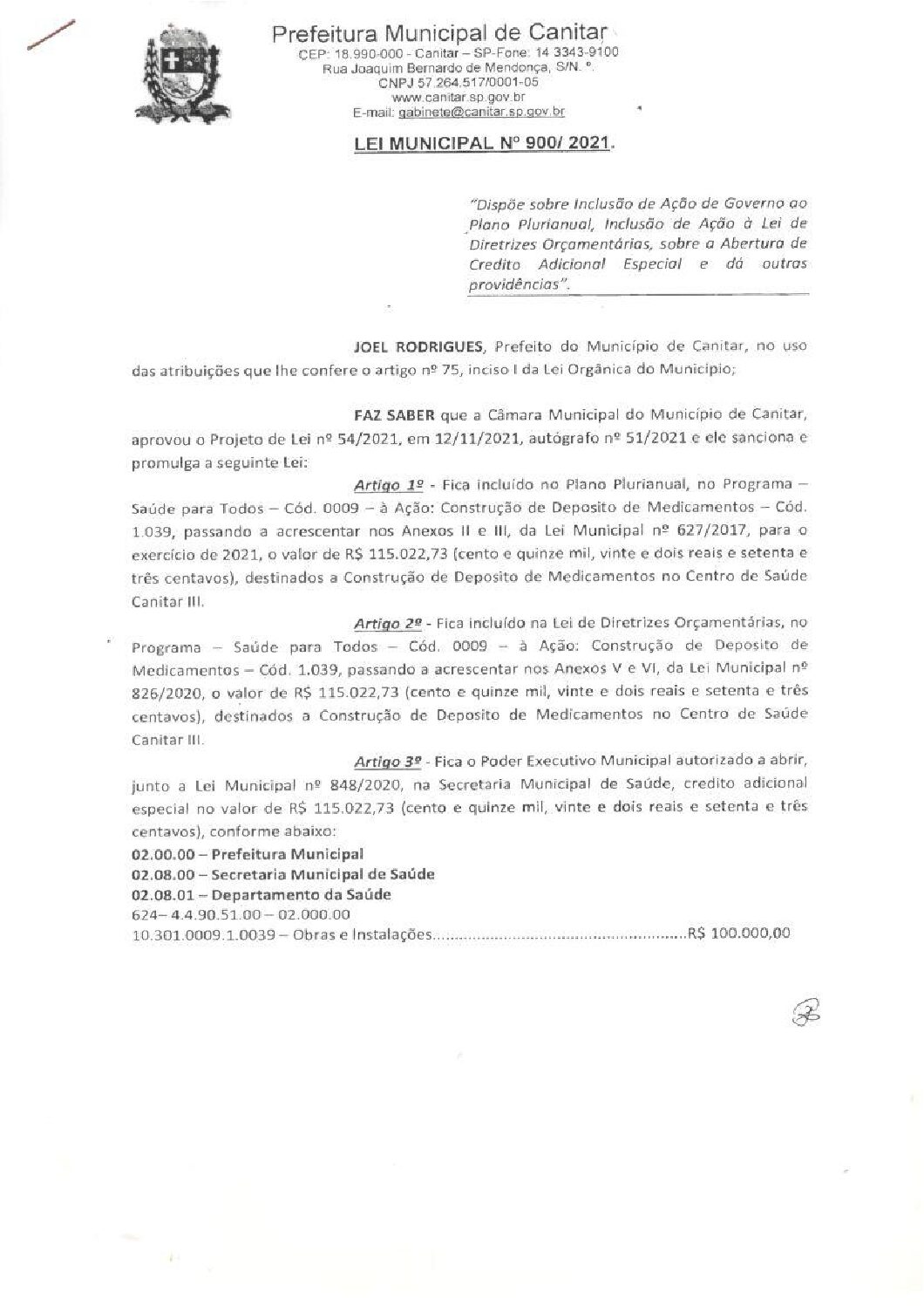 Leia mais sobre o artigo Lei Municipal nº 900 2021   Dispõe sobre abertura de crédito, construção de Depósito de Medicamentos no Centro de Saúde.