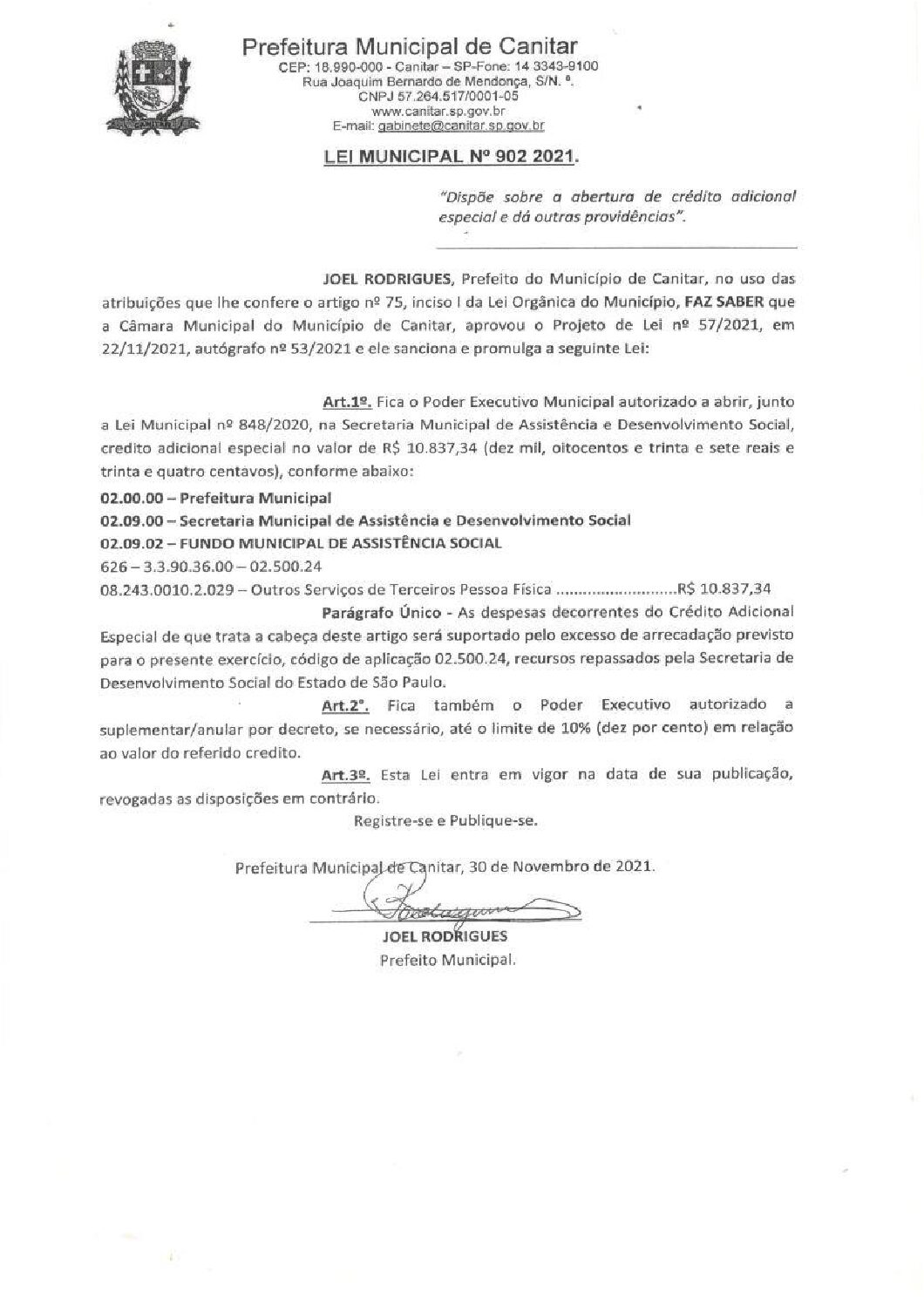 Leia mais sobre o artigo Lei Municipal nº 902 2021   Dispõe sobre abertura de crédito, Secretaria Municipal de Assistência e Desenvolvimento Social.