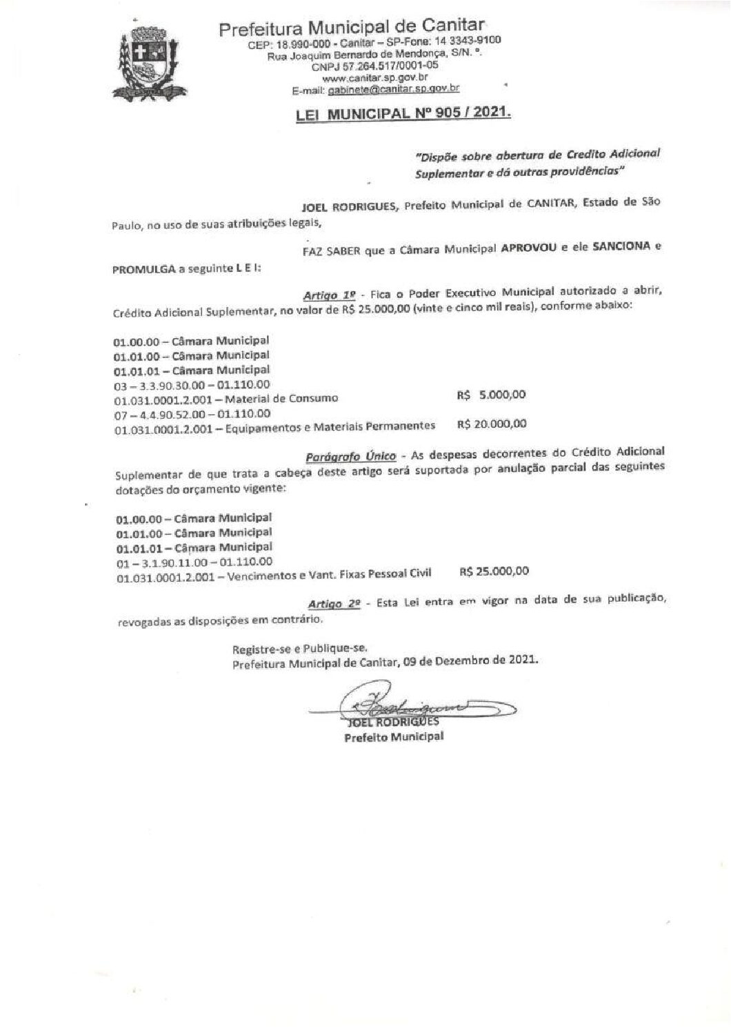 Leia mais sobre o artigo Lei Municipal nº 905 2021   Dispõe sobre abertura de crédito, Câmara Municipal.
