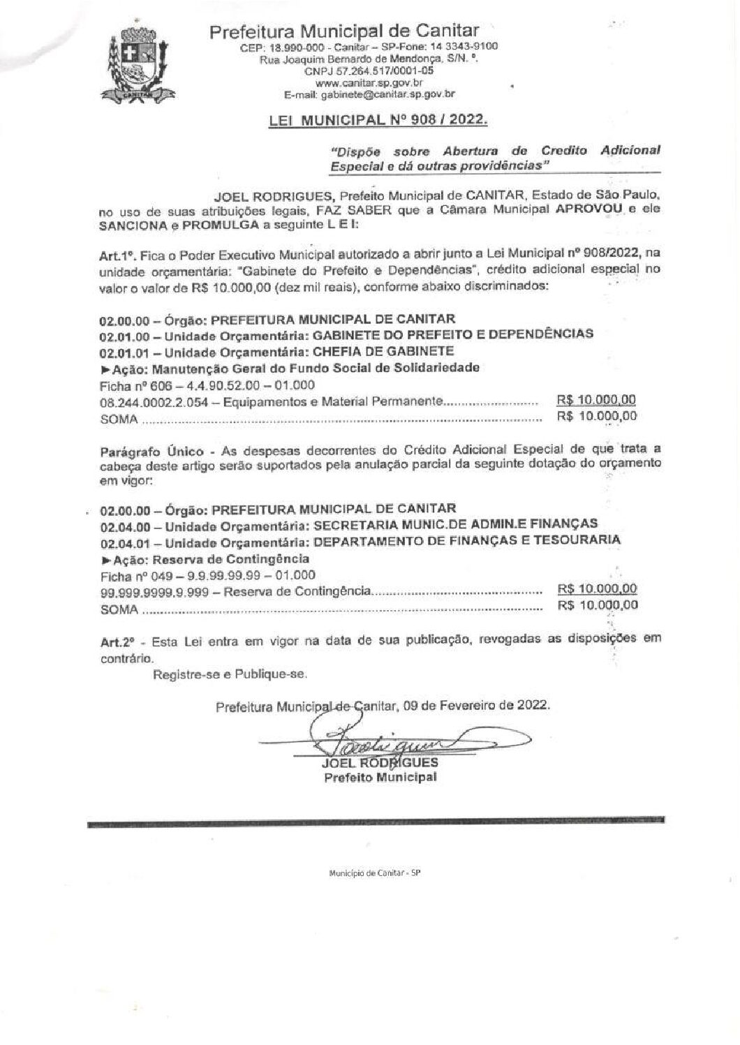Leia mais sobre o artigo Lei Municipal nº 908 2022   Dispõe sobre abertura de crédito, Gabinete do Prefeito.