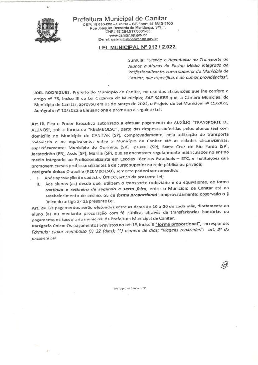 Leia mais sobre o artigo Lei Municipal nº 913 2022   Dispõe sobre o reembolso no Transporte de Alunos.