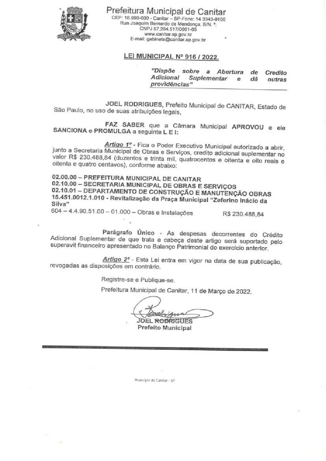 Leia mais sobre o artigo Lei Municipal nº 916 2022   Dispõe sobre abertura de crédito, Secretaria Municipal de obras e serviços.